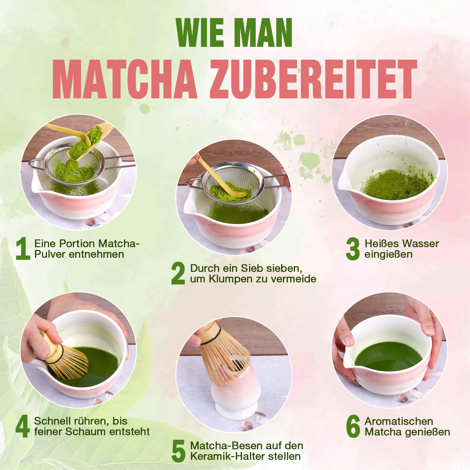 POFIBO Matcha Set - 7-teiliges Matcha Tee Set mit Matcha Besen, Matcha Schale, Sieb, Besenhalter & Zubehör - Matcha-Set für Einsteiger, Beste Geschenk für Matcha-Liebhaber