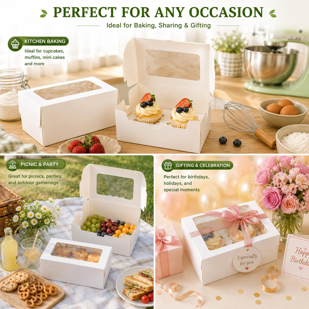 Pralb Paquete de 50 cajas de papel blanco para cupcakes con ventana de PVC y dos soportes para golosinas, caja de repostería y galletas, recipientes para cupcakes, caja de pasteles de panadería, caja