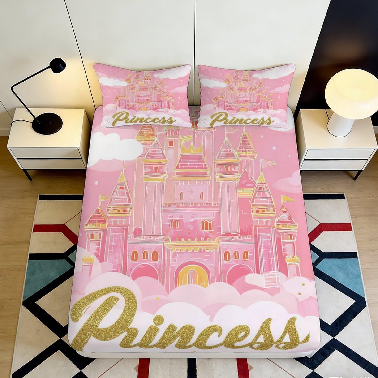 3D Printed Pink Princess Castle Fitted Sheet Microfiber Soft Bedroom Decor Bed Cover for Home Guest Room Easy Care 90x200x25cm