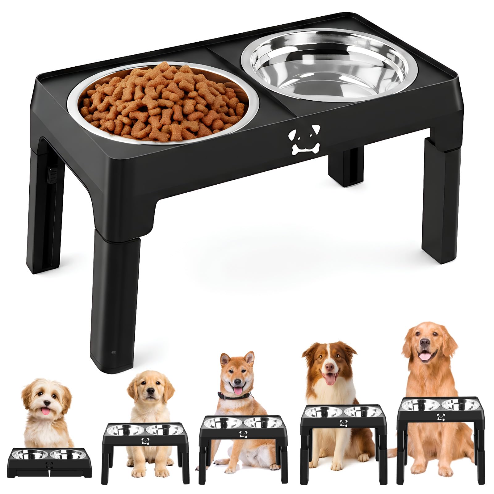 Comedero Perro Elevado de 5 Alturas Ajustables, con 2 Cuencos de Acero Inoxidable de 1,5L, Antideslizante y Plegable, Comederos Elevados para Perros Pequeños, Medianos y Grandes (Negro)