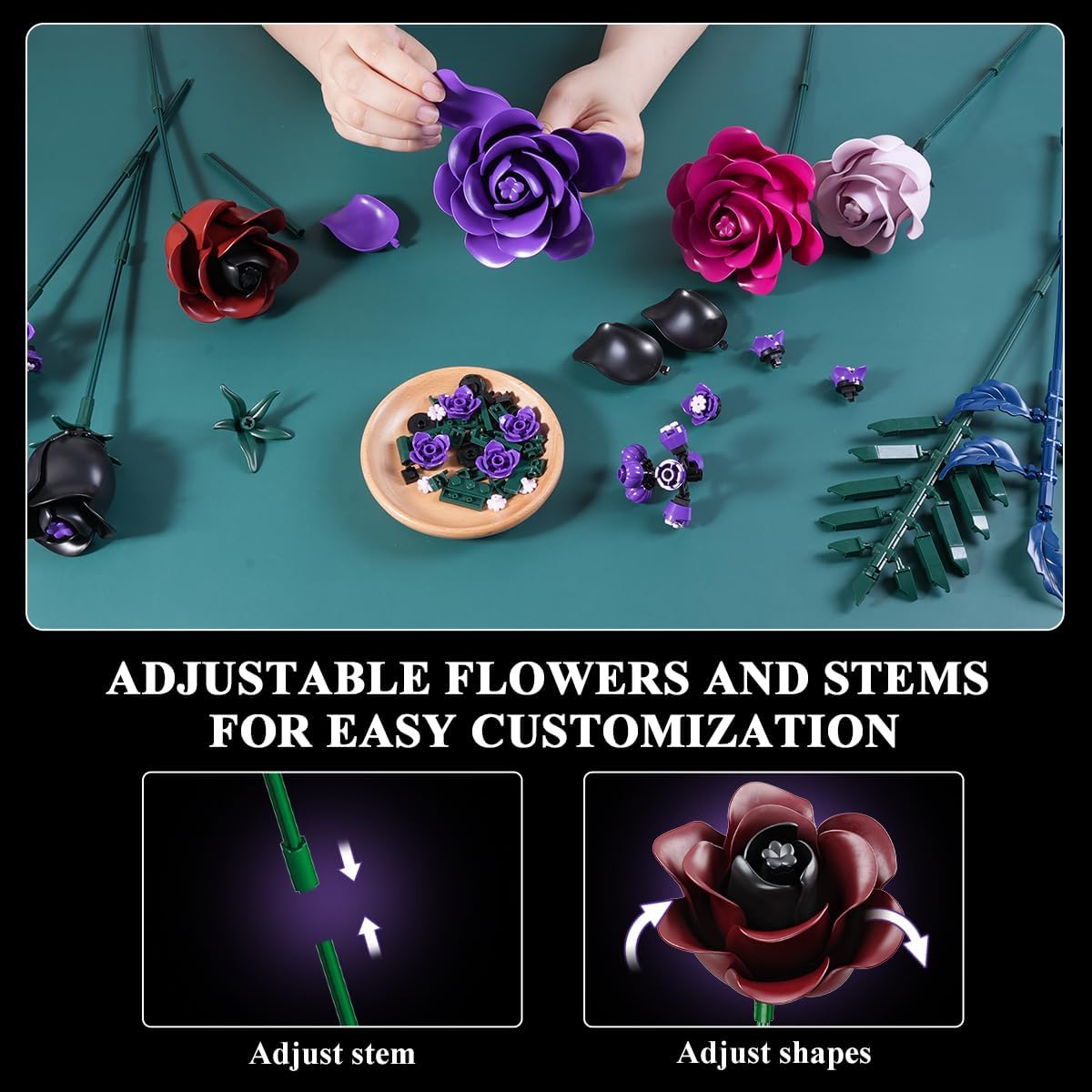 HOGOKIDS Flowers Bouquet Building Set - Valentine 14 Purple Roses Botanical Collection Building Block, 546PCS Artificial Black Rose Gothic Floral Home Office Decor, Birthday Gifts for Women Adults - Image 4