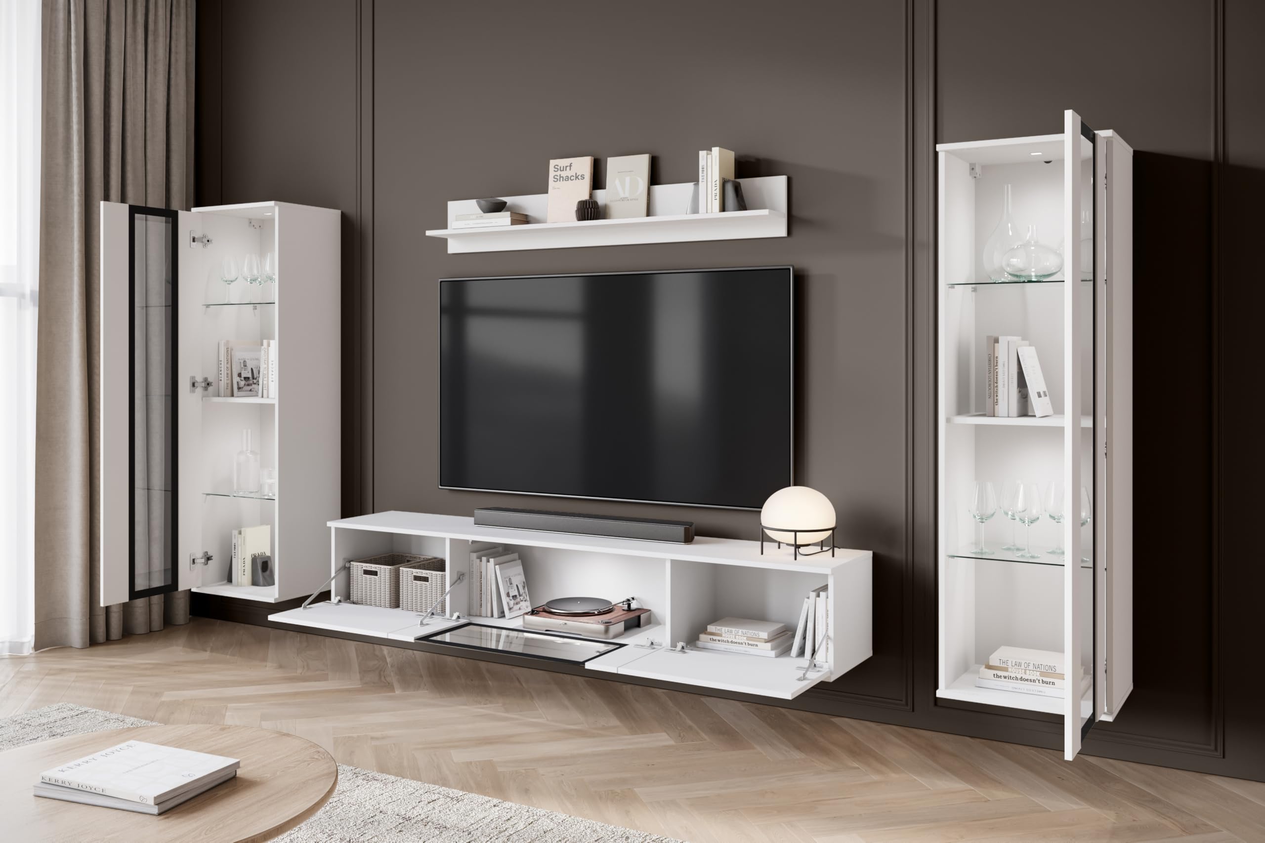 MINIO go for it - Ensemble de Meubles de Salon FARO 4 pièces avec LED | Armoire haute, vitrine, meuble bas avec porte en verre, étagère murale, panneau stratifié, blanc mat / blanc brillant
