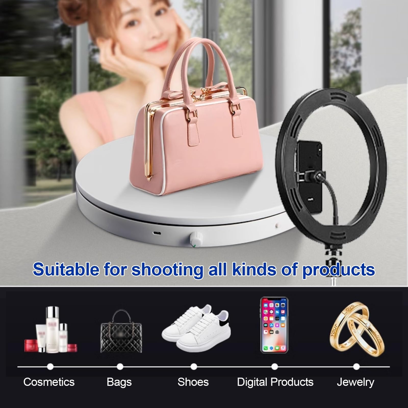 Drehbarer Sockel, elektrische Plattform, um 360 Grad drehbar, für Produktausstellung, Live-Shows, 5 bunte Hintergründe (Schwarz, 60 cm
