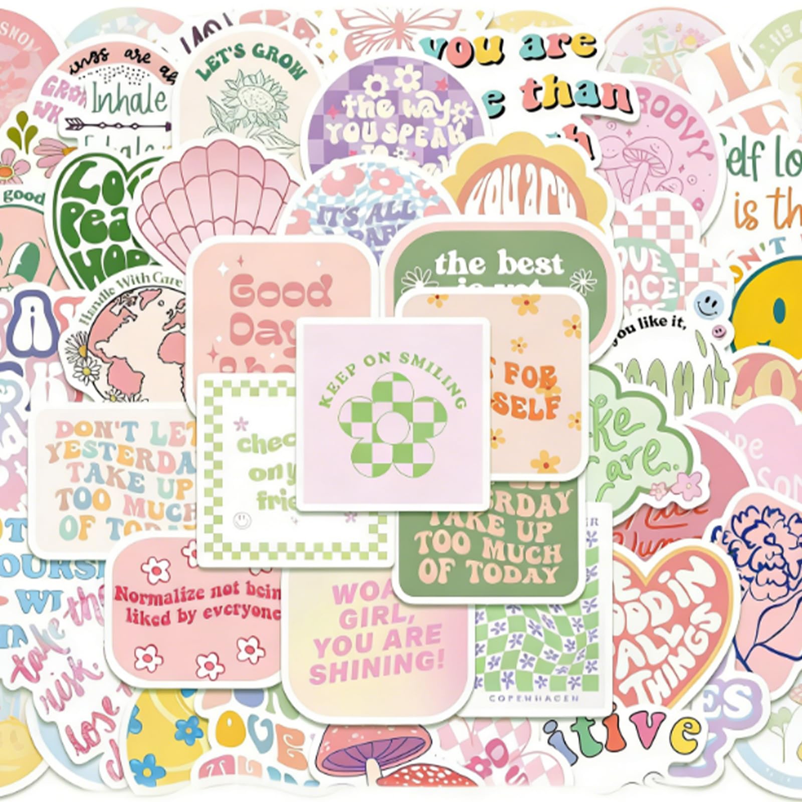 Thrivemart Girls Multicolored 100Pcs Preppy Aesthetic Stickers Pack,Waterproof Vinyl Stickers For Water Bottles, Laptop, Phone & Journal,Cute Motivational Quotes & Pink Decals, Ideal Preppy Gifts For Teens & Women