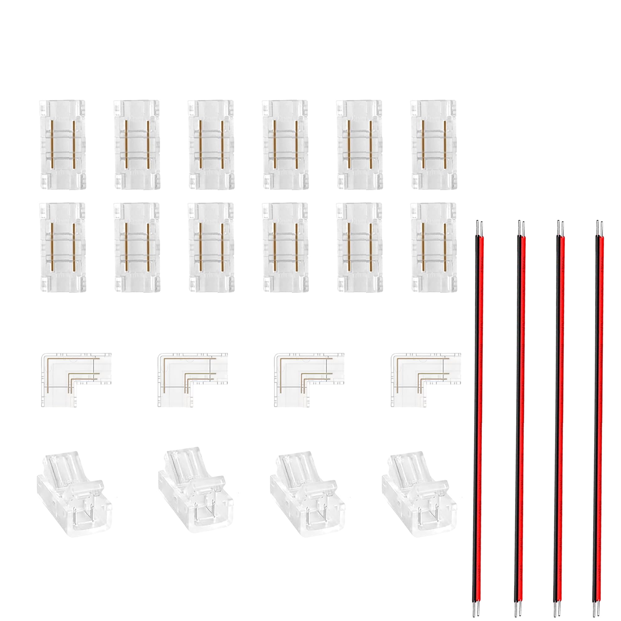 Clearhill 5mm 2Pin 24Packs Transparent Solderless COB LED Strip Connector Corner Kit,Strips to Wire 4Pcs,S to S 12Pcs,L-Shape and Red and Black Wire 4Pcs,for 5V 12V 24V LED Strips