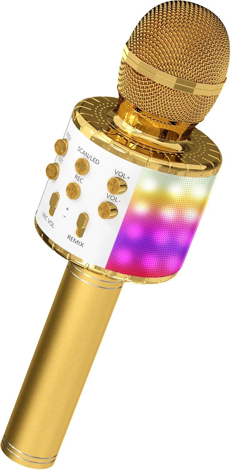 OVELLIC Karaoke Microphone for Kids, Wireless Bluetooth Karaoke Microphone with LED Lights, Portable Handheld Mic Speaker Machine, Great Gifts Toys for Girls Boys Adults All Age (Gold)