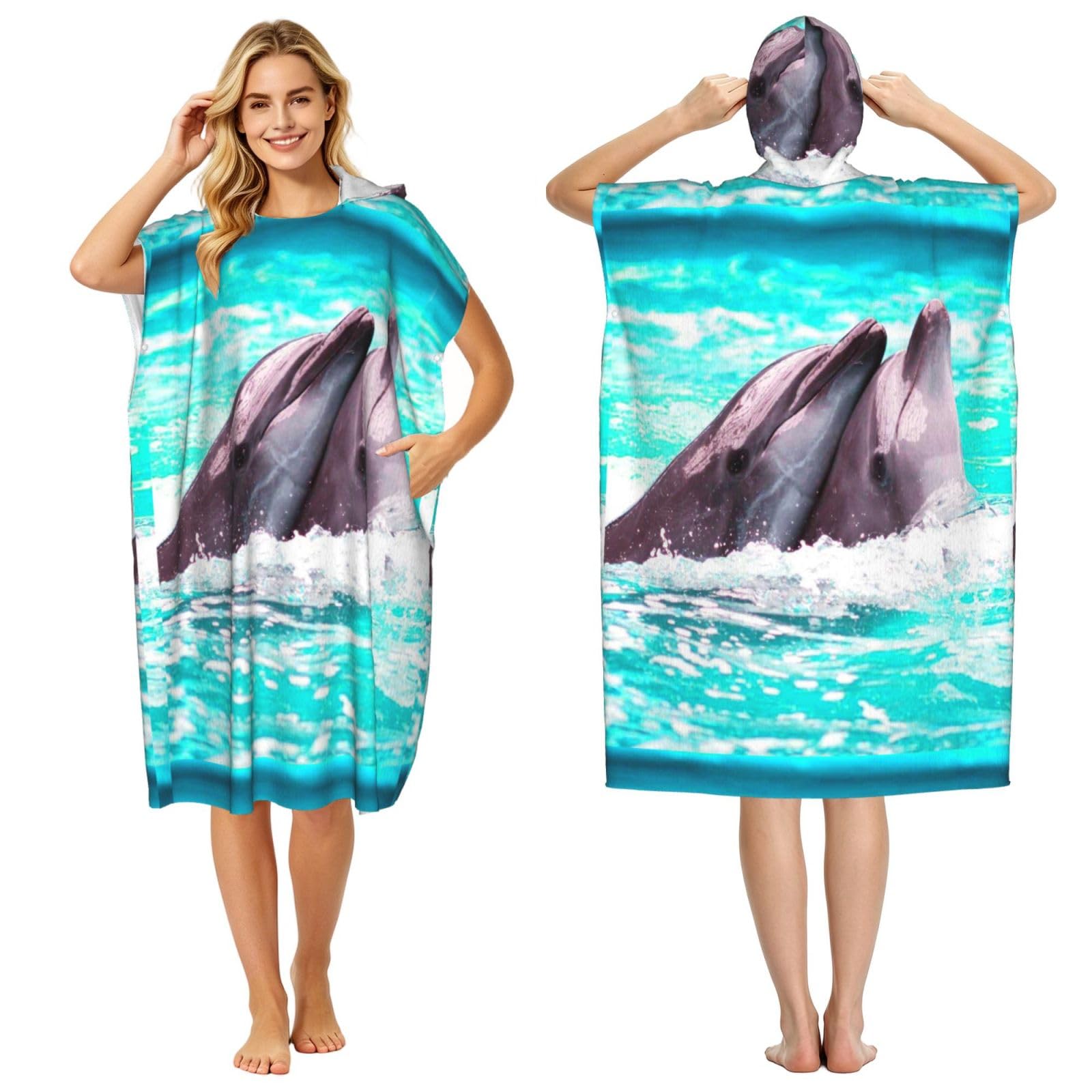 Poadnly Dolphin Printed, Adult Hooded Beach Towel 90 x 110 cm,Changing Bath Robe, Surf Poncho Towel For Women Men