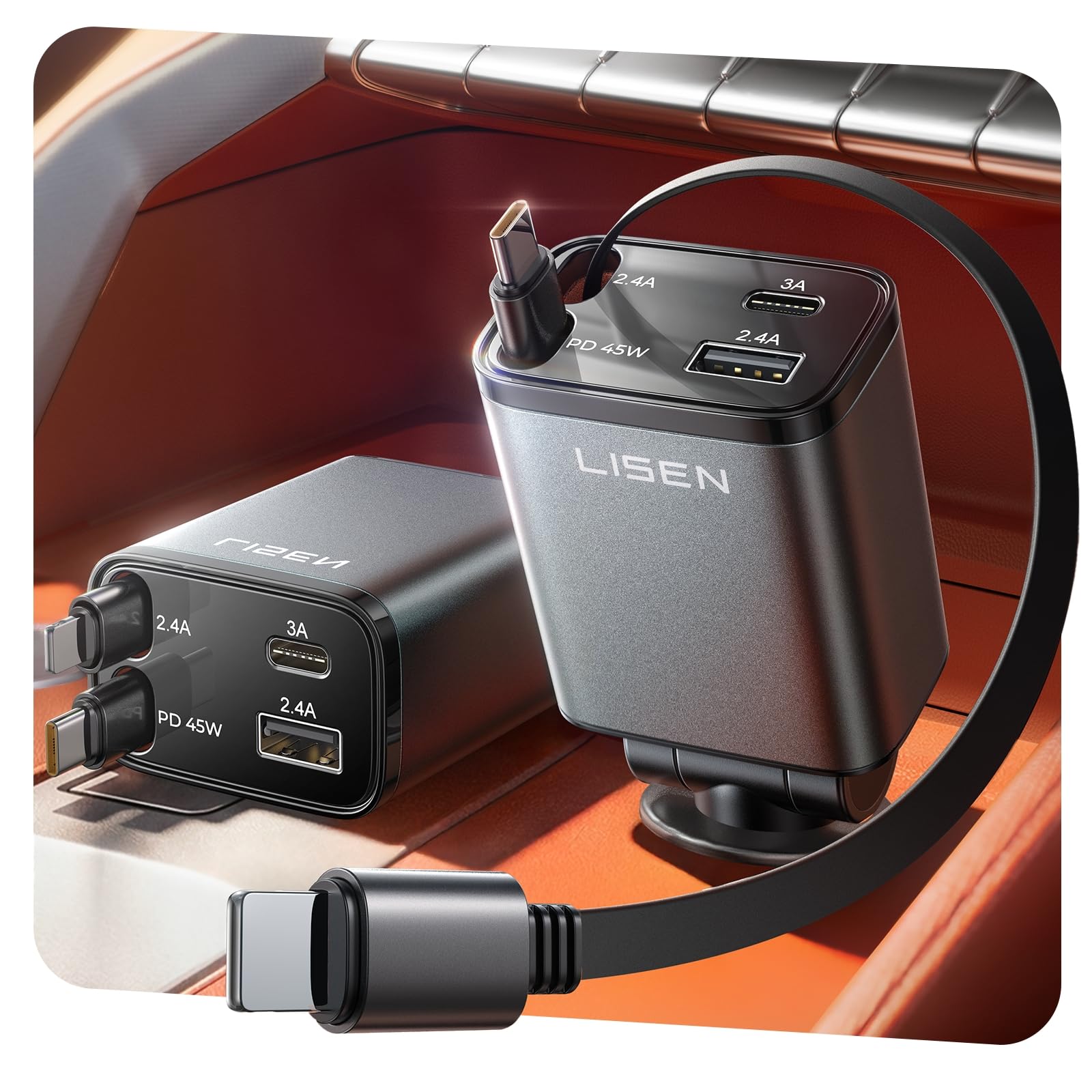 LISEN Retractable Car Charger, 84W Car Adapter USB C Fast Charger, 2 Pack