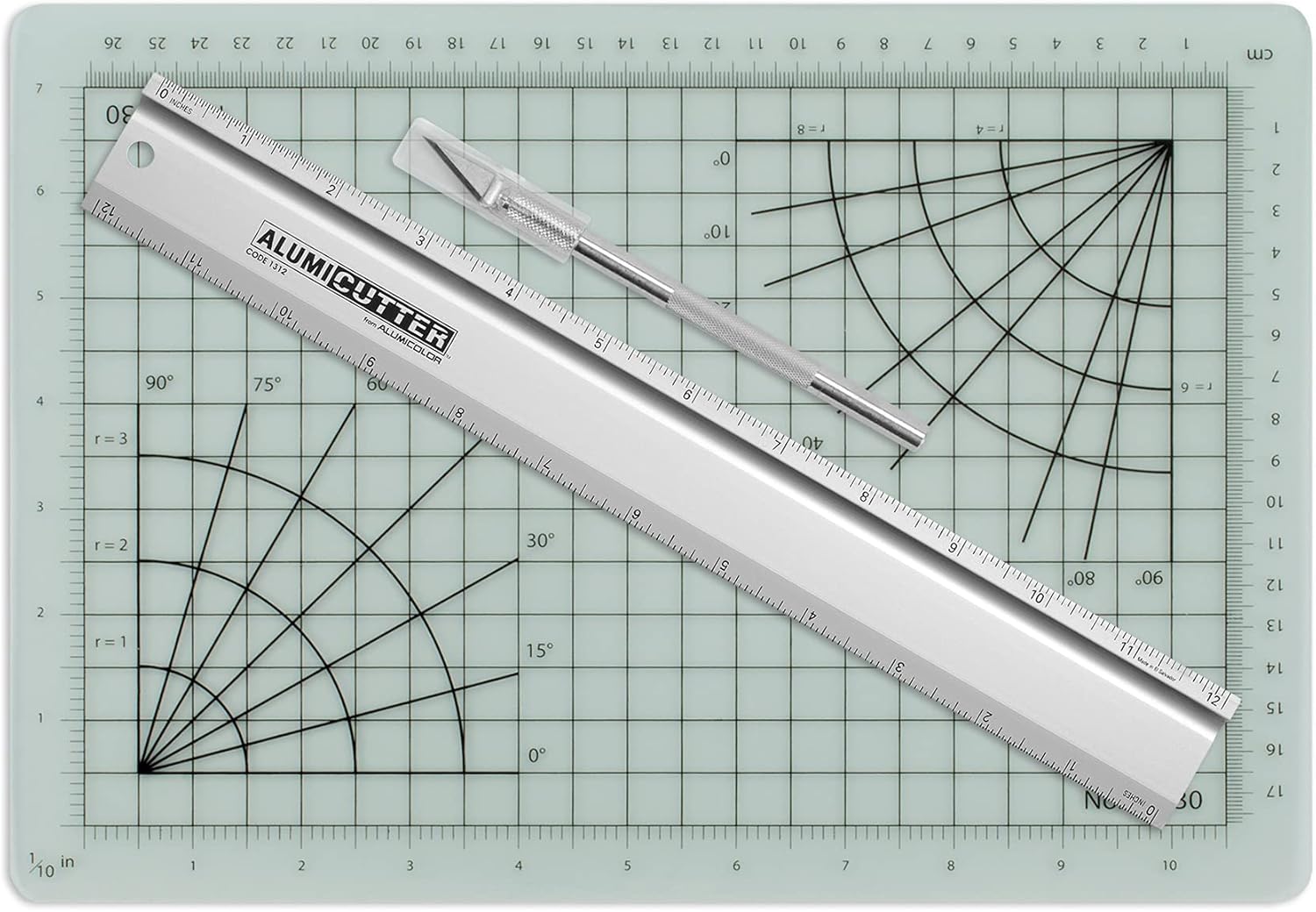 Alumicolor Cut-and-Measure Set w/Hobby Blade, Self-Healing Mat & AlumiCutter Ruler, 12IN, Silver