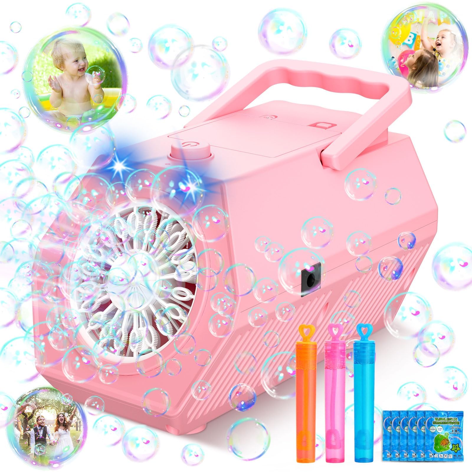 Macchina Bolle di Sapone, Spara Bolle di Sapone Automatico, 18000+ Bolle al Minuto, 2 Velocità, Giochi da Esterno per Bambini, Gadget Compleanno Bambin Matrimonio (Rosa)