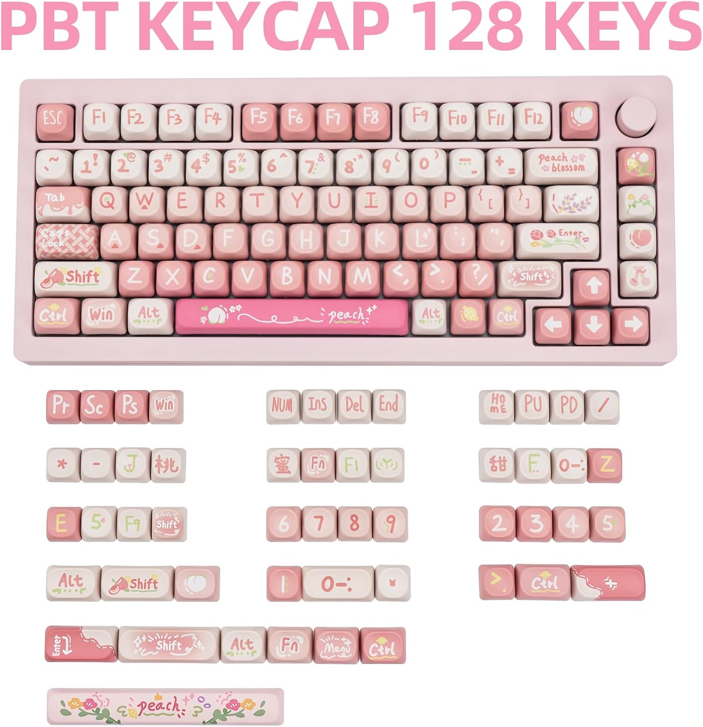 128 Key Peach PBT Keycap Set, MOA Profile, Dye-Sublimation, Cute Keycaps for for Cherry Gateron MX Switches Mechanical Gaming Keyboard (Pink)