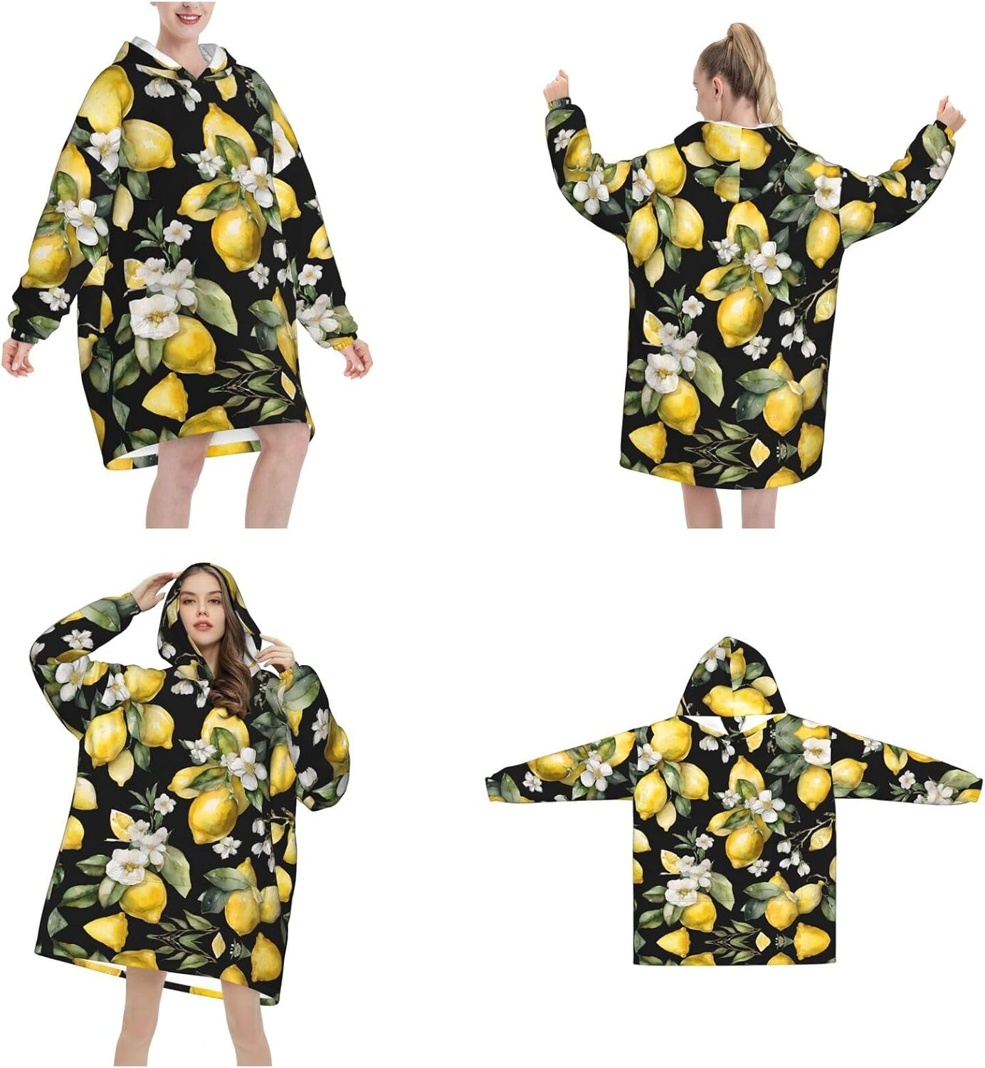MUSM Lemon And Flower Print Blanket Hoodie Fleece Sweatshirt Blanket With Sleeves And Pockets