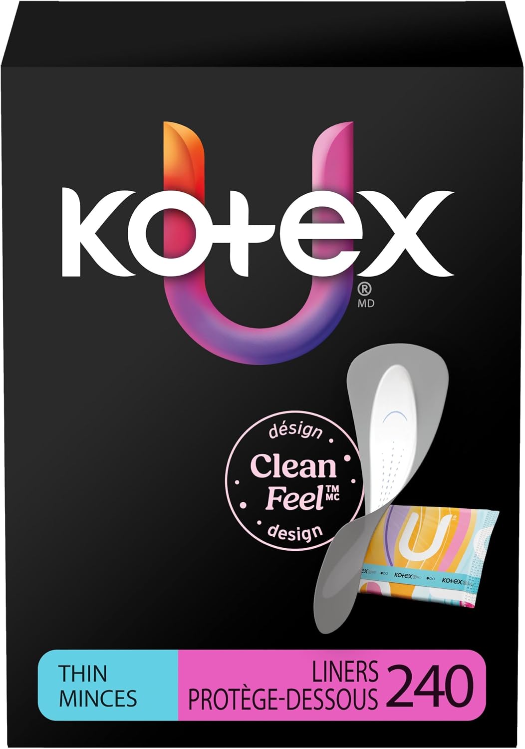 Kotex Daily Wrapped Liners, Light Absorbency, Thin, 240 Count | 2-Pack of 120 Liners, Xpress Dri Core, No Fragrance, Free of Elemental Chlorine
