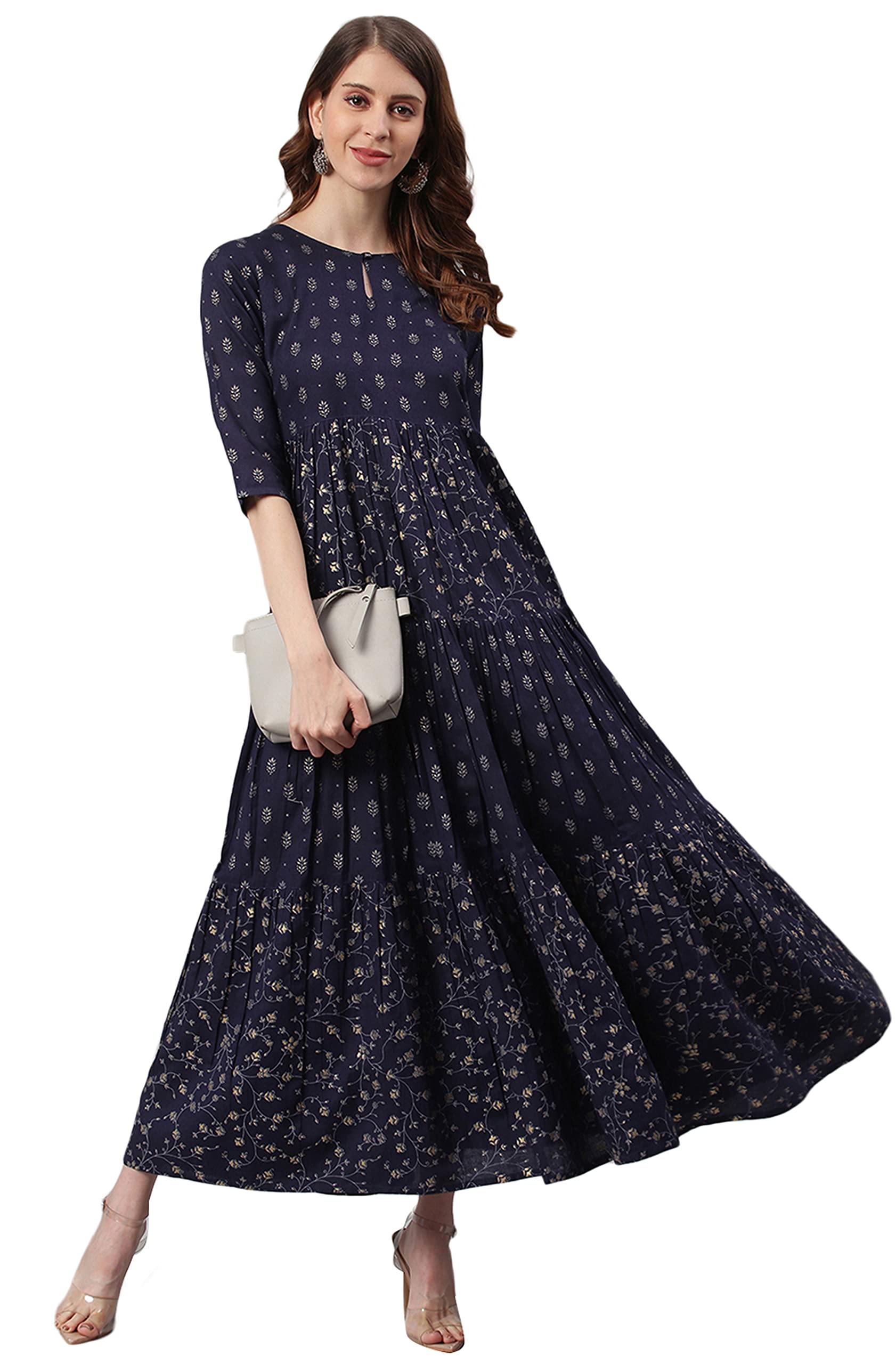 Indian Women's Navy Blue Cotton Flex Ethnic Dress