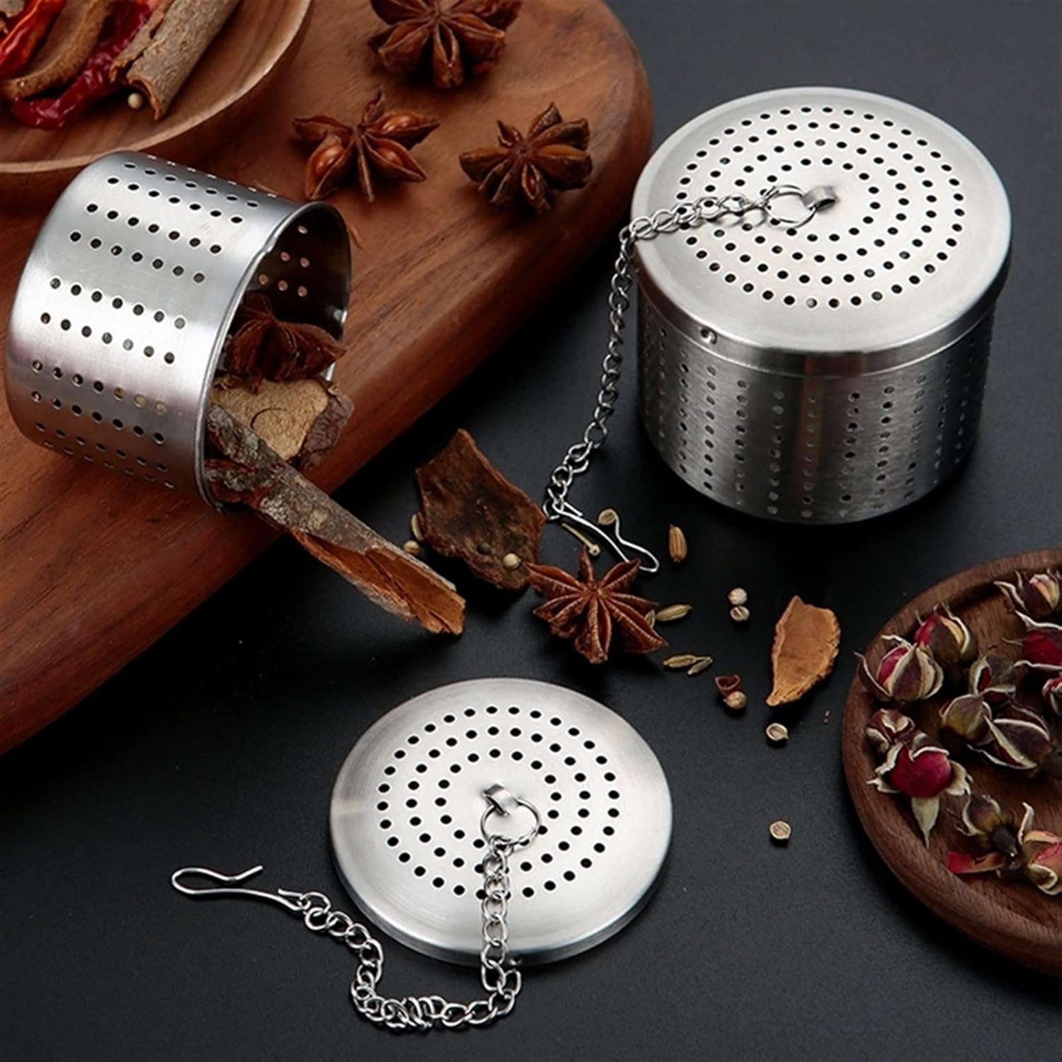 Tea Filters Stainless Steel Teapot Tea Infuser Strainer Cylindrical Tea Leak Spice Filter Seasoning Balls Hanging Chain Kitchen Accessories