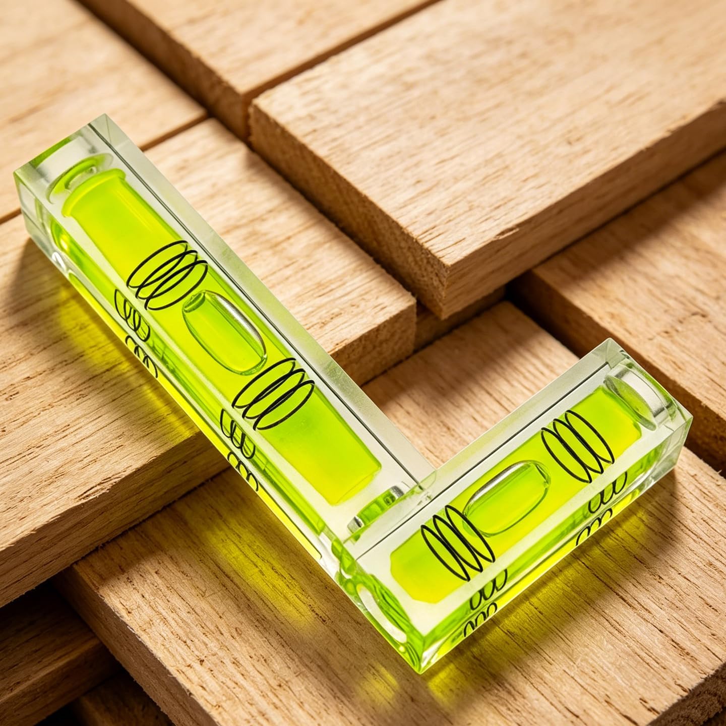L-Shaped Spirit Level, High Visibility Green Acrylic Construction, Multi-Vial Angle Measurement Tool (81 * 44 * 15mm)