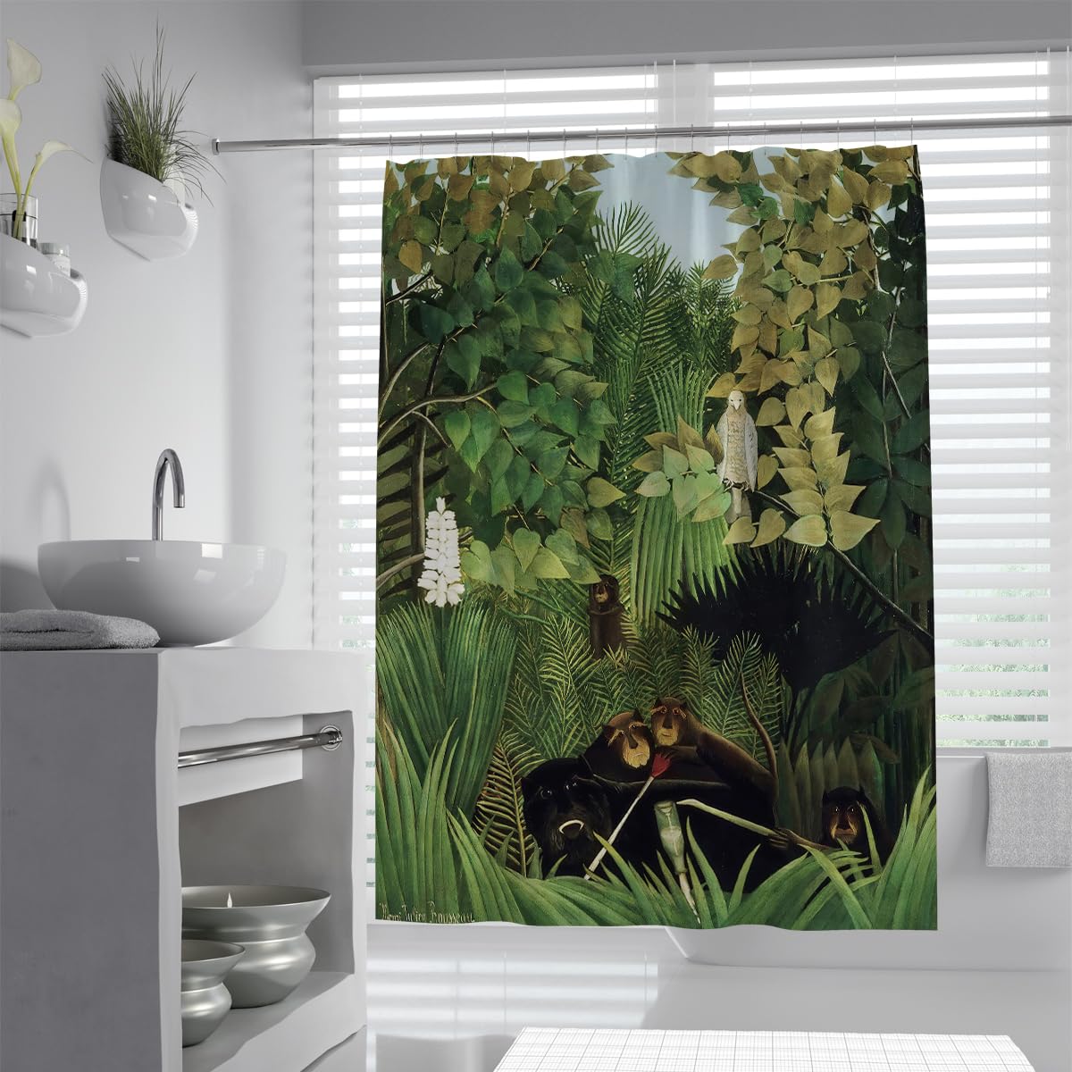 Rideaux Douche mystiques en Jungle forêt Tropicale rêveuse avec singes et Verdure décoration Salle Bain Rideau Bain en Tissu Polyester Exotique avec Crochets W150xL200 cm