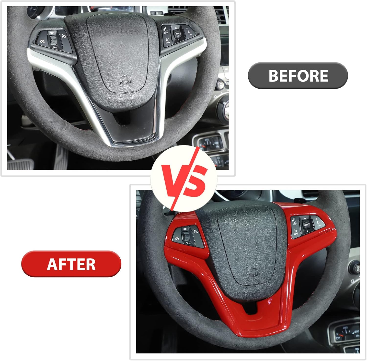 RT-TCZ Steering Wheel Trim Cover Ring Decoration Kit Interior Accessories for 2012 2013 2014 2015 Chevrolet Camaro, 3 PCS (Red)