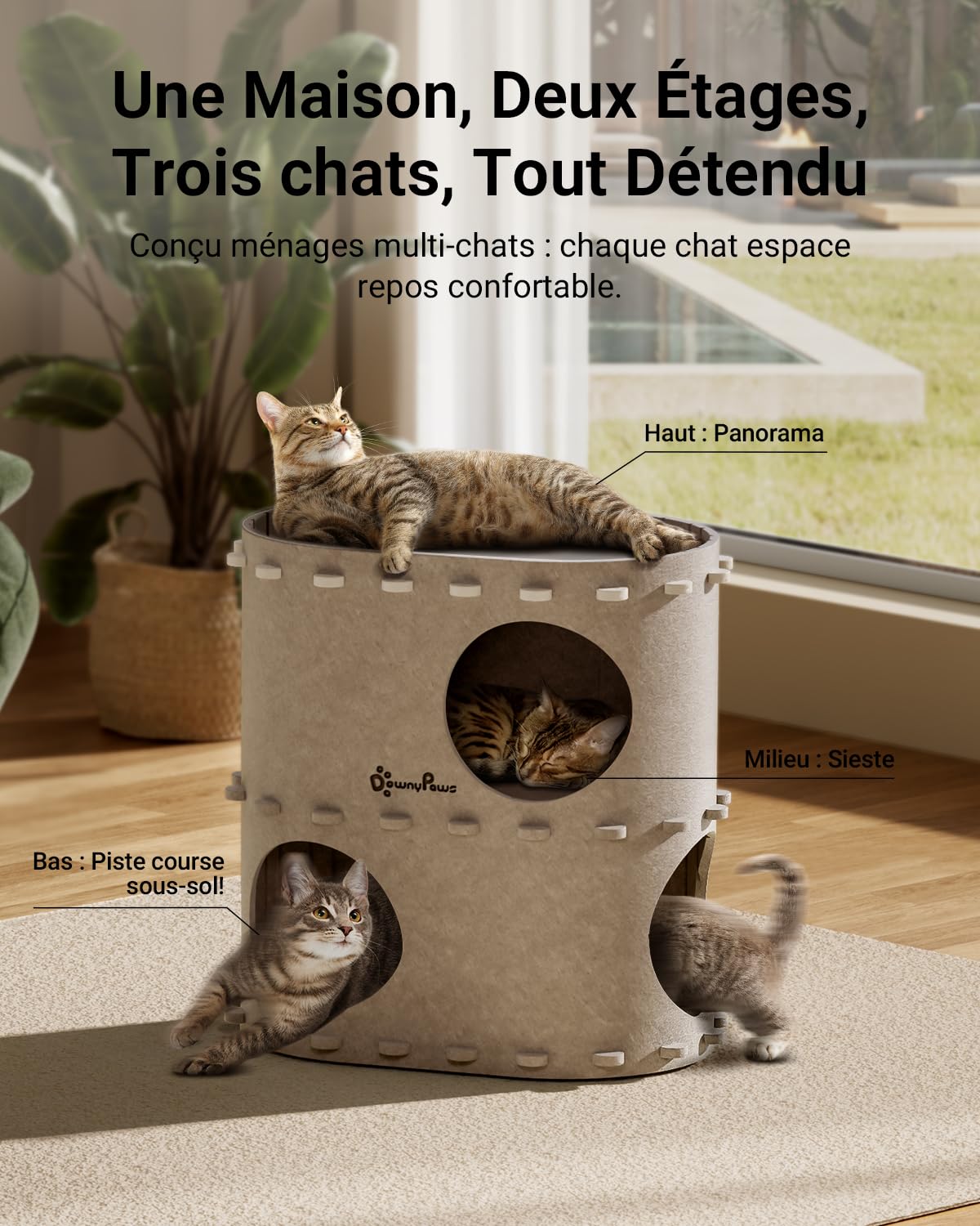 DownyPaws Grotte à Feutre, lit pour Chat à 2 Niveaux, 50 x 33 x 50 cm, Château-Maison de Jeu, Design Chaleureux, Protège Les Griffes, Beige