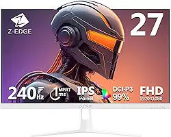 Monitor gamer Z-Edge de 27 polegadas, FHD 1080P 240Hz, MPRT ultrarrápido de 1ms, DCI-P3 99%, SRGB 120%, 8 bits, UG27PJ (branco), moldura sem moldura, 2 portas DP 1.4 e 2 portas HDMI 2.0