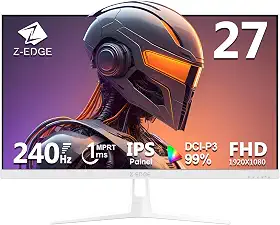 Monitor gamer Z-Edge de 27 polegadas, FHD 1080P 240Hz, MPRT ultrarrápido de 1ms, DCI-P3 99%, SRGB 120%, 8 bits, UG27PJ (branco), moldura sem moldura, 2 portas DP 1.4 e 2 portas HDMI 2.0