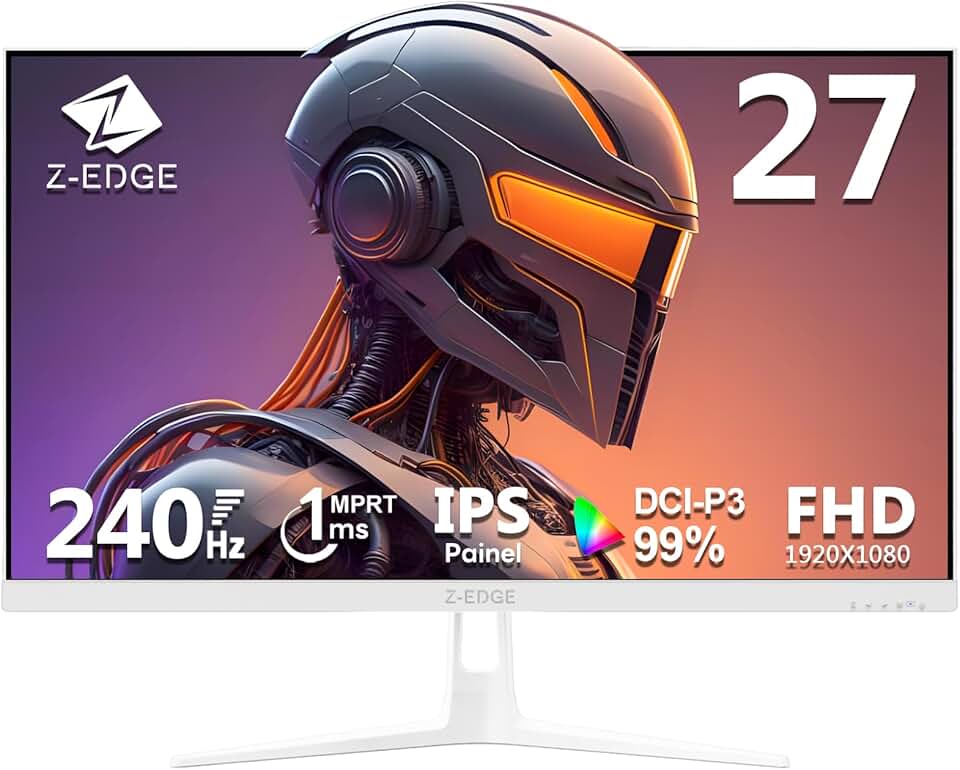 Monitor Gamer 27 polegadas Z-Edge, FHD 1080P 240Hz, MPRT ultrarrápido de 1ms, DCI-P3 99%, SRGB 120%, 8 bits, 2 portas DP 1.4 e 2 portas HDMI 2.0, Suporte VESA, sem bordas, branco