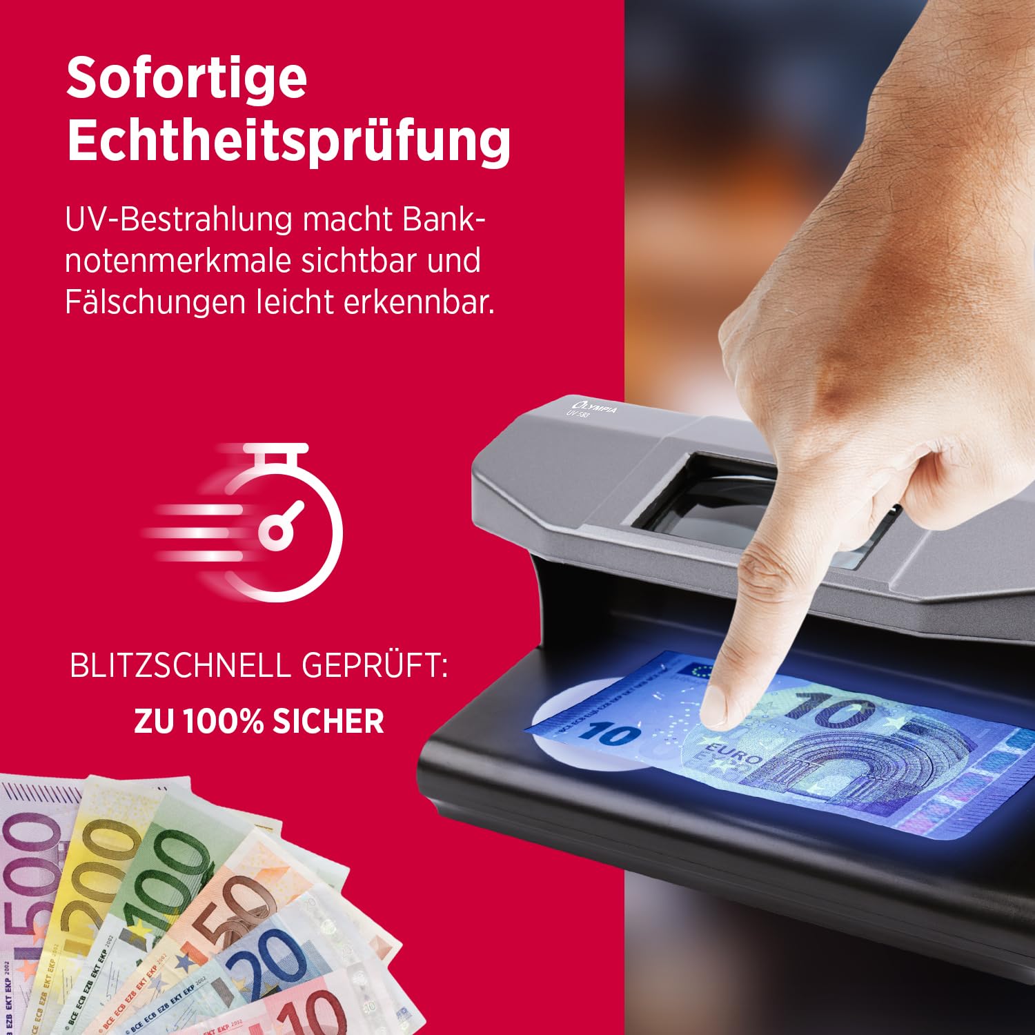 Olympia UV 588 Geldscheinprüfgerät | UV-Lampe | Falschgeld Prüfer mit Magnetsensor | Geldprüfgerät für Banknoten | Falschgelderkennung | Banknotenprüfer LED-Technologie | Geldprüfmaschine Geldscheine