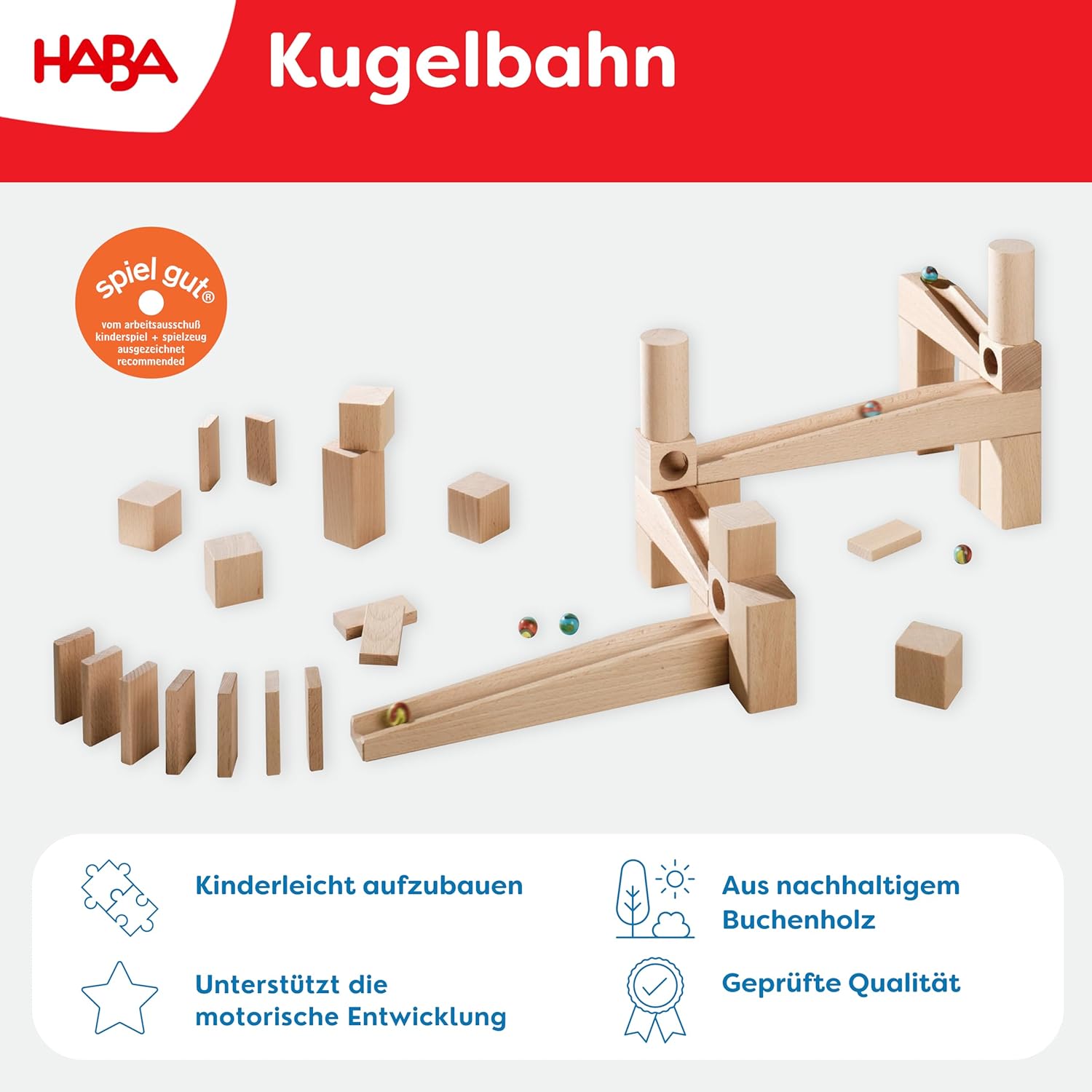 HABA Wooden Marble Run Ball Track Building Set for 4-10 Year Olds, STEM Toy with 49-Piece Wooden Track and Marbles, Montessori Toys for 4 Year Olds