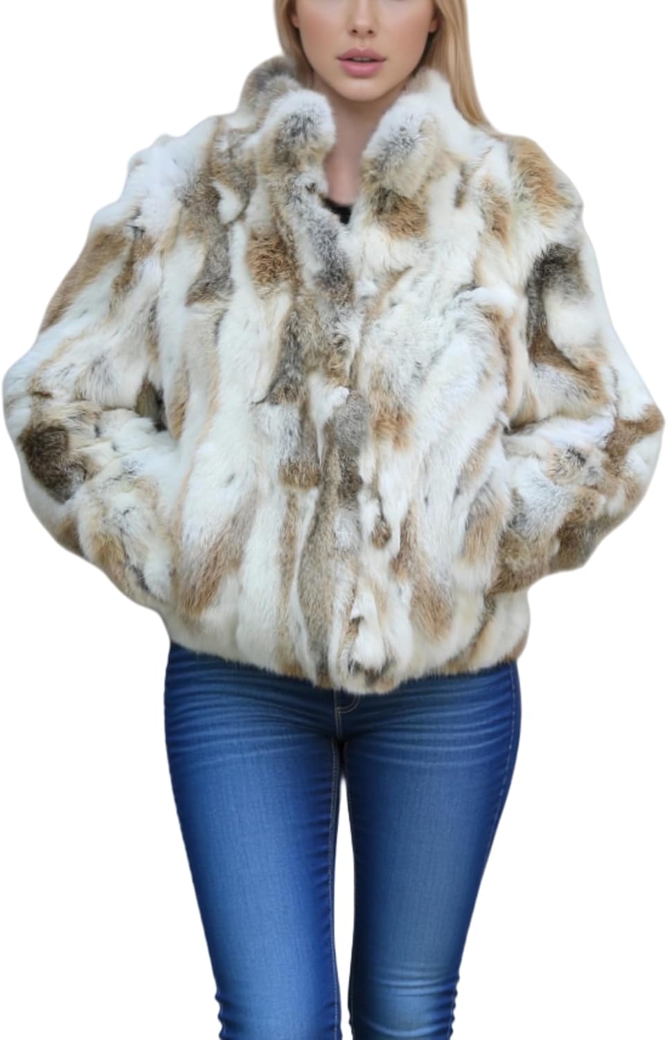 Women's Genuine Rabbit Fur Coat Warm Winter Fur Jacket Fuzzy Outware