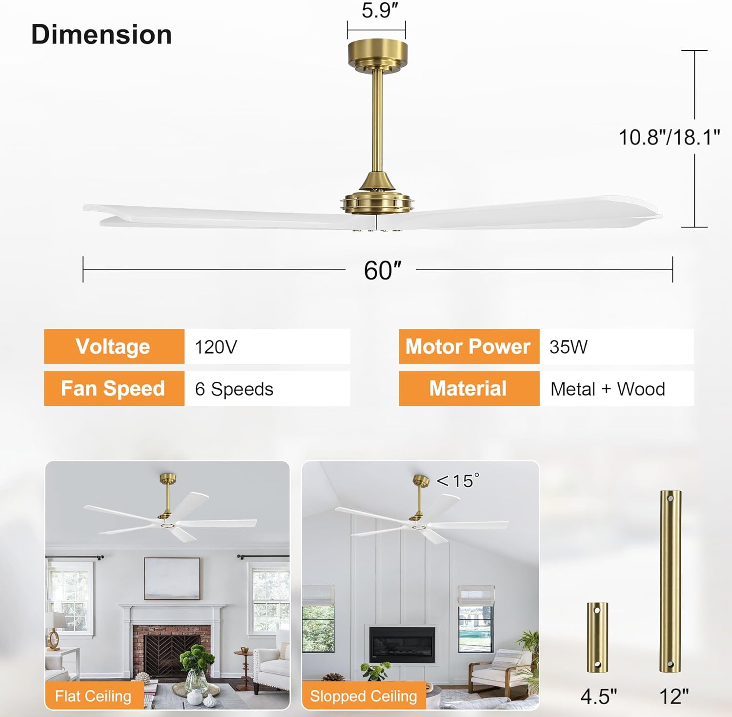 WINGBO 60 Inch Ceiling Fan without Light - 5 Carved Solid Wood Blades, 6-Speed Reversible DC Motor, Noiseless Remote Control Ceiling Fan No Light for Bedroom Living Room Kitchen, Gold and White