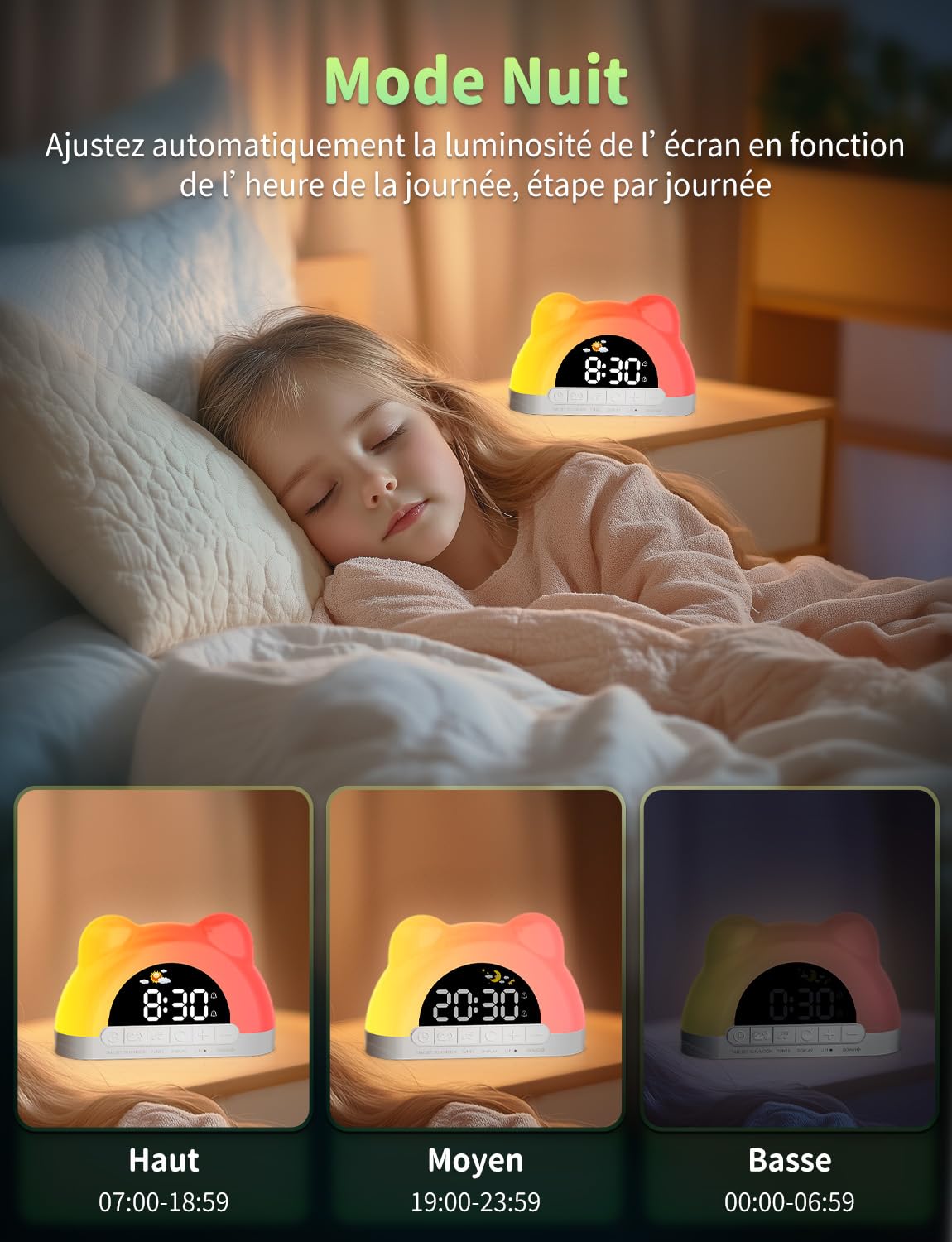 Reveil Enfant Educatif Jour/Nuit, Réveil Enfants avec 11 Effets de Lumière, Comprend Une Luminosité Automatique de l’Écran, Réveil Numérique pour Garçons Filles, Deux Alarmes, Chambre D'enfant