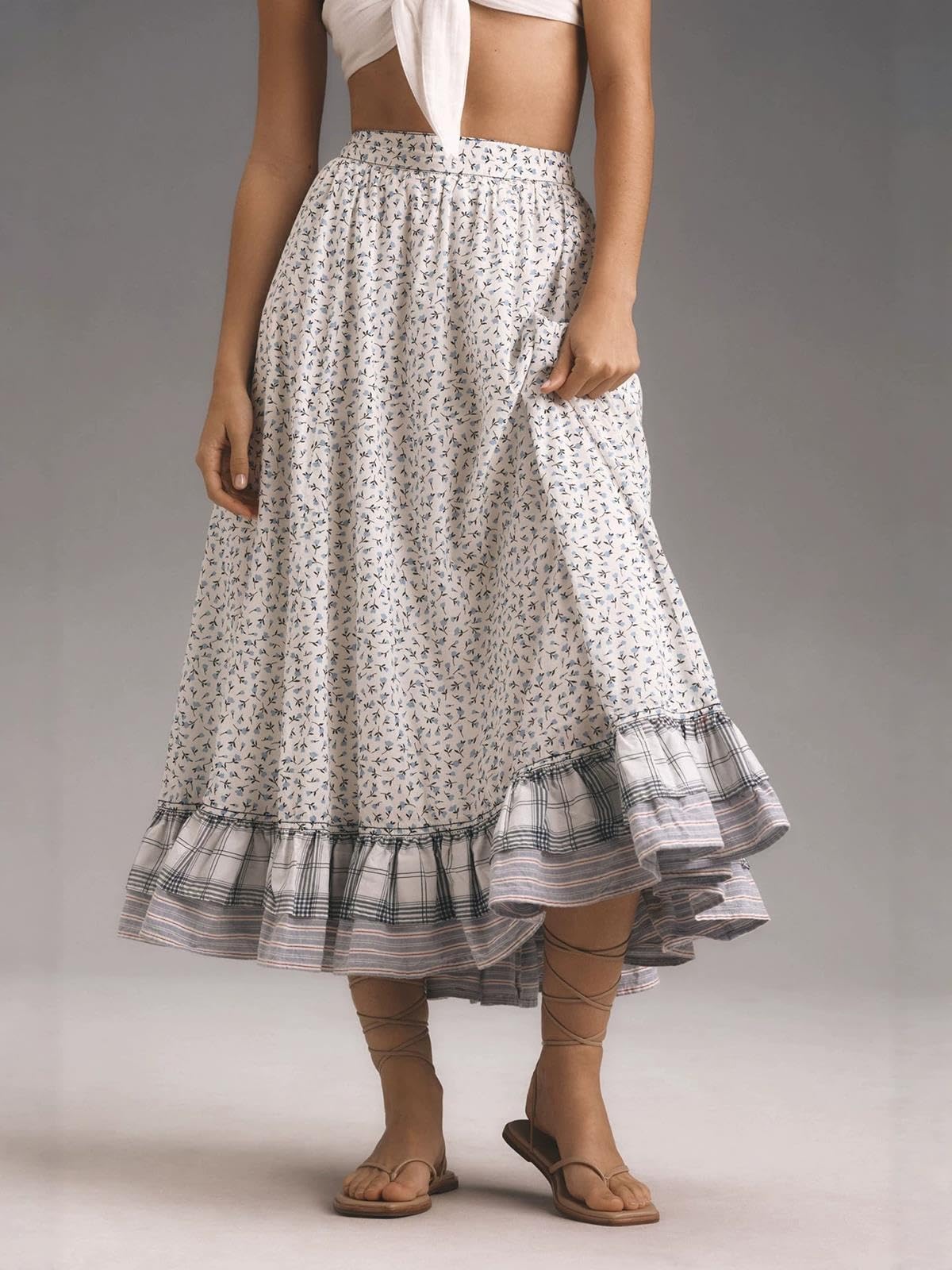 Jupe Décontractée A-line,Jupe Midi Bohème À Fleurs Femme,Motif Écossais
