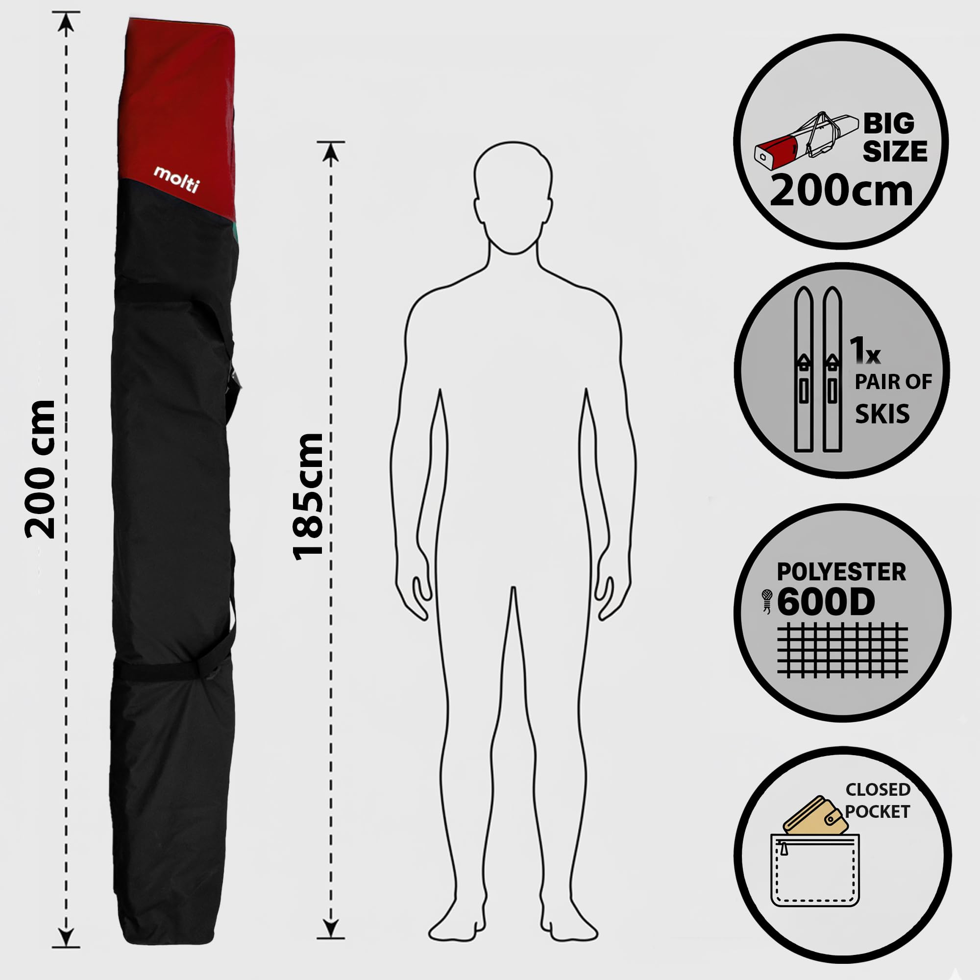 molti Torba na narty do 195 cm wodoszczelna poliester 600D, pokrowiec na 1 parę nart, materiał odporny na rozdarcie, kieszeń wewnętrzna, wentylacja, pasek na ramię i uchwyty do noszenia