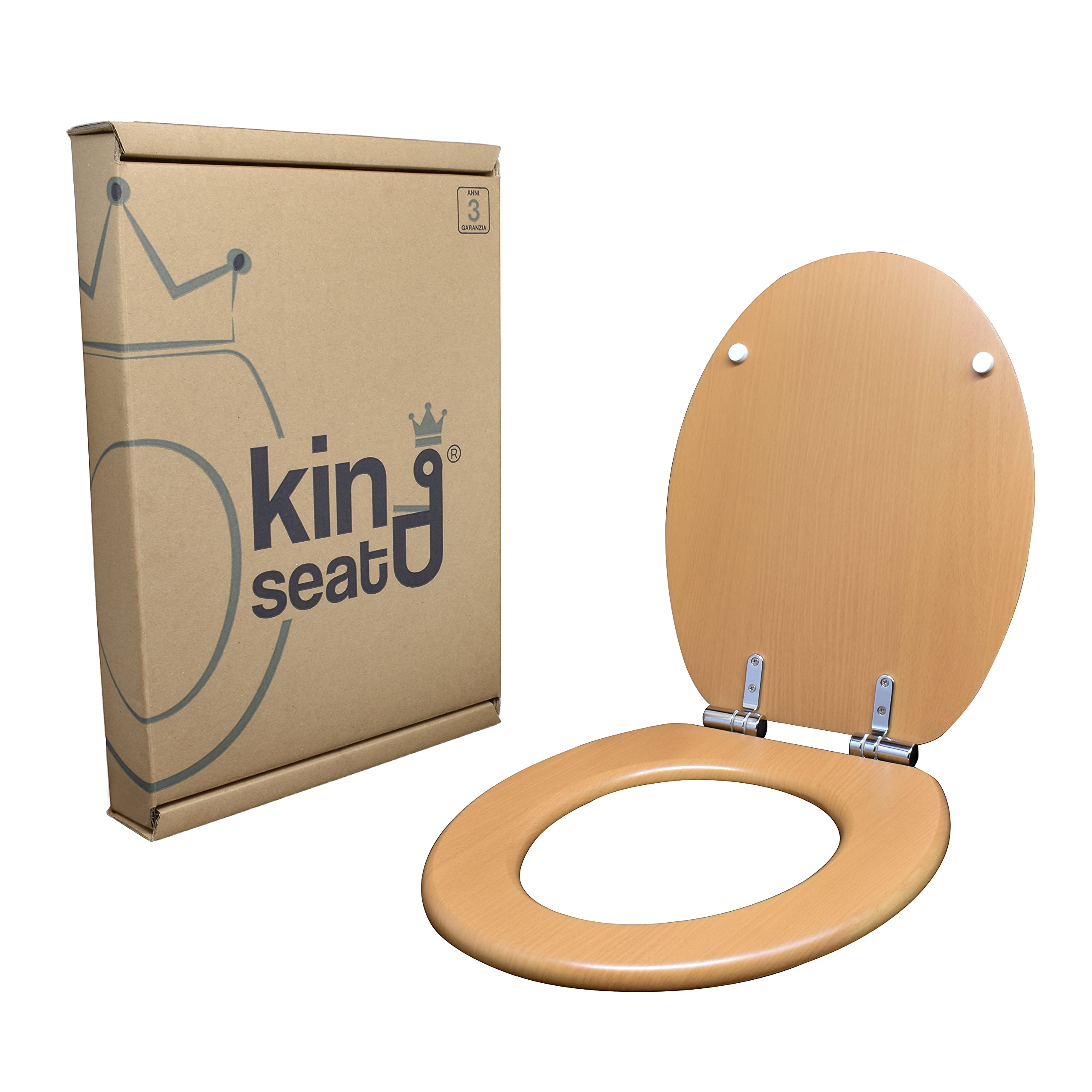 Asiento de inodoro universal de MDF revestido de haya, color haya, con bisagras de cierre amortiguado.