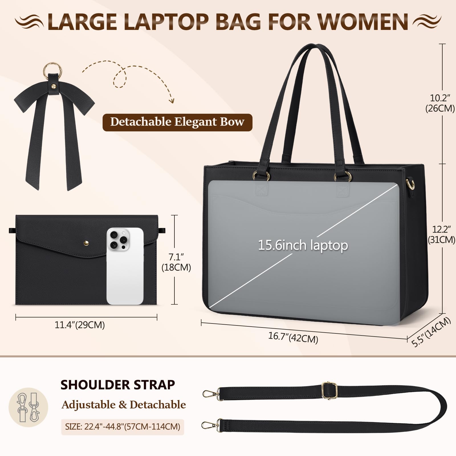 RAINSMORE Borsa da Lavoro Donna con Pochette Grande Borsa Porta PC 15.6 Pollici Borse Università Ufficio Pelle PU Borse Tote Shopper