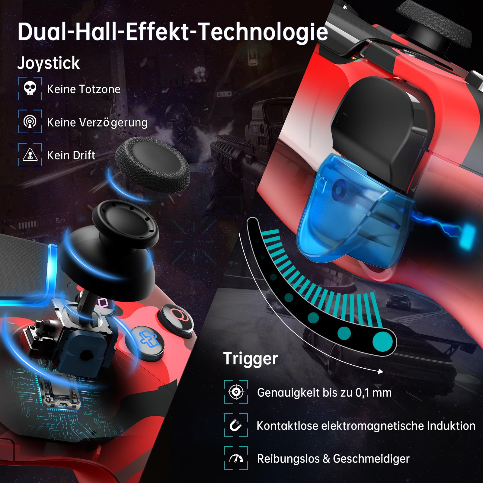 ancihdgm Wireless Controller Kompatibel mit PS-5/Pro/Slim/PC,Ersetzt den PS-5 Controller unterstützt Hall-Effekt-Joysticks/Hall-Triggern/6-Achsen-Gyros/Dual Vibration/Turbo,Rot