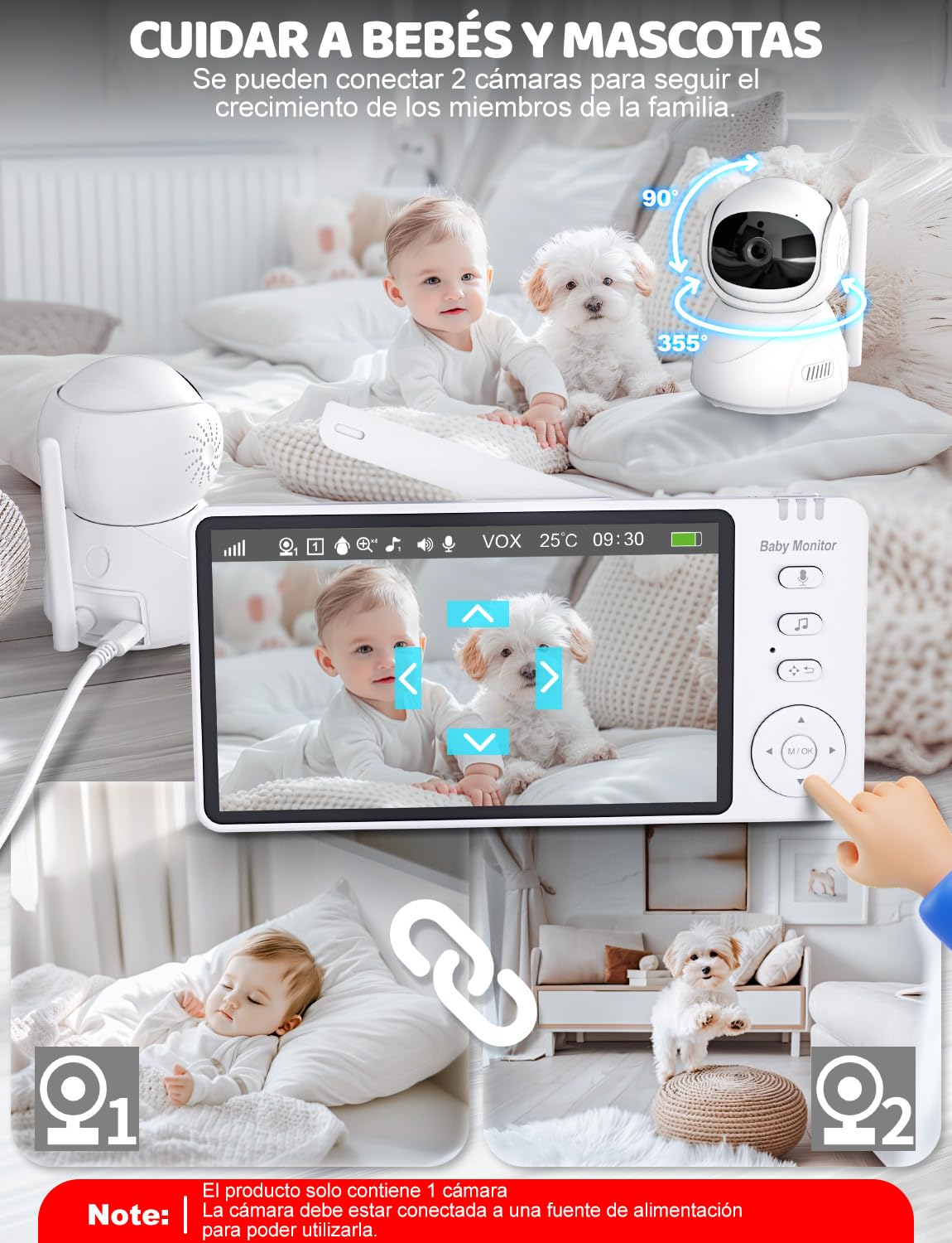 Camara Vigilancia Bebe de 30 Horas, 5'' Vigilabebes con Camara Rotación de 355°, Camara Bebe Inteligente con Visión Nocturna, VOX, Audio Bidireccional, Sensor de Temperatura y Aviso de Lactancia