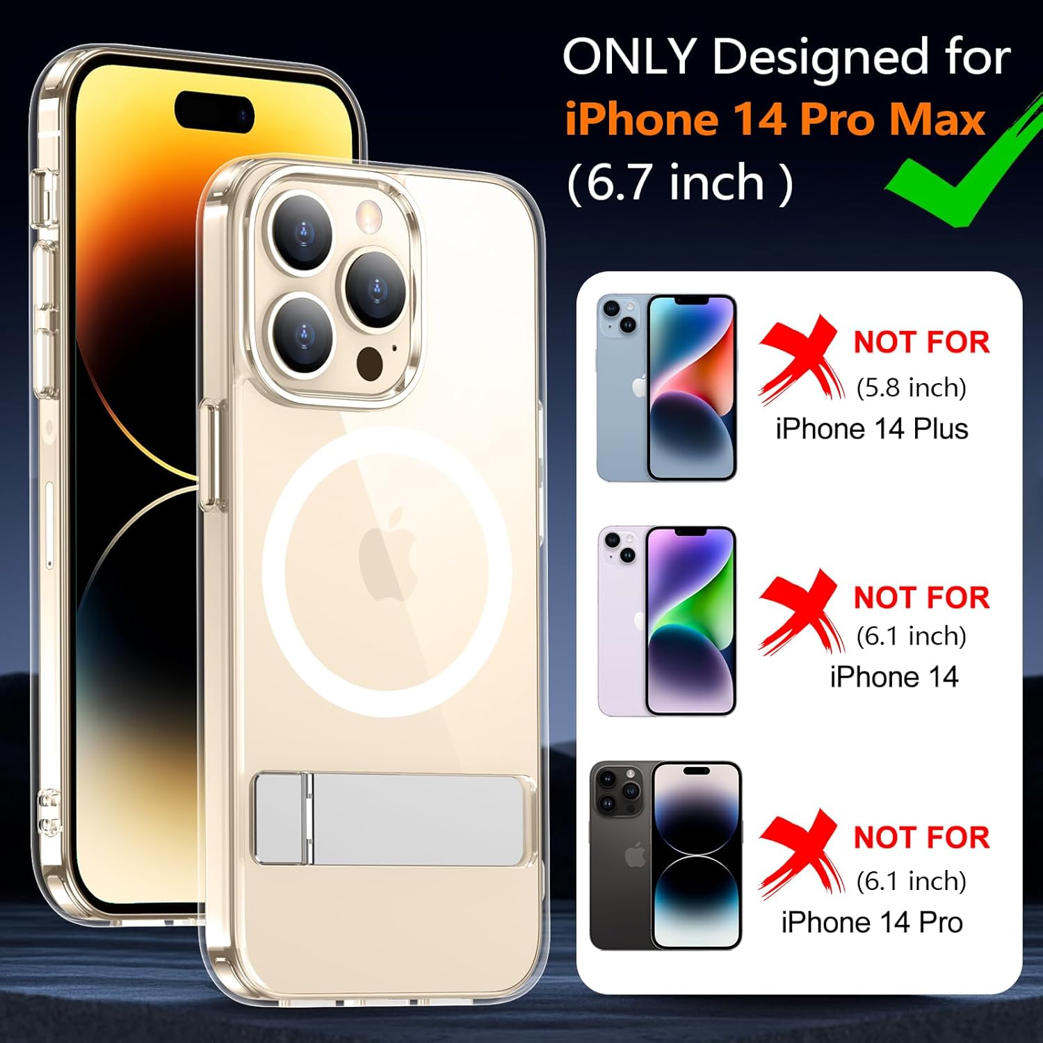 xiwxi for iPhone 14 Pro Max Case with Kickstand,[Compatible with Magsafe][1*Screen Protector],Military-Grade Protection & Anti-Yellowing,Magnetic Phone Case for iPhone 14 Pro Max,Clear - Image 2