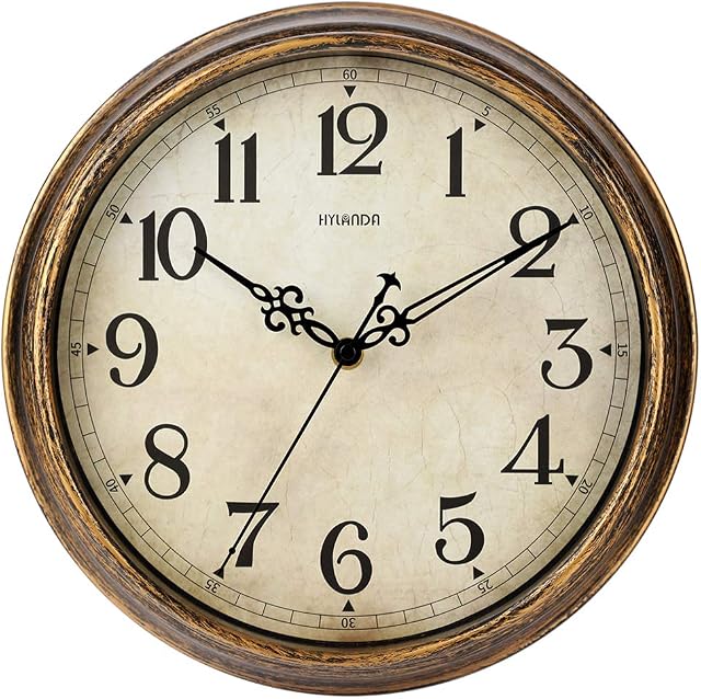 HYLANDA Wall Clock - 12 Inch Vintage Wall Clocks Battery Operated - Retro Silent Non Ticking - Decorative Living Room Home Kitchen School Office(Bronze)