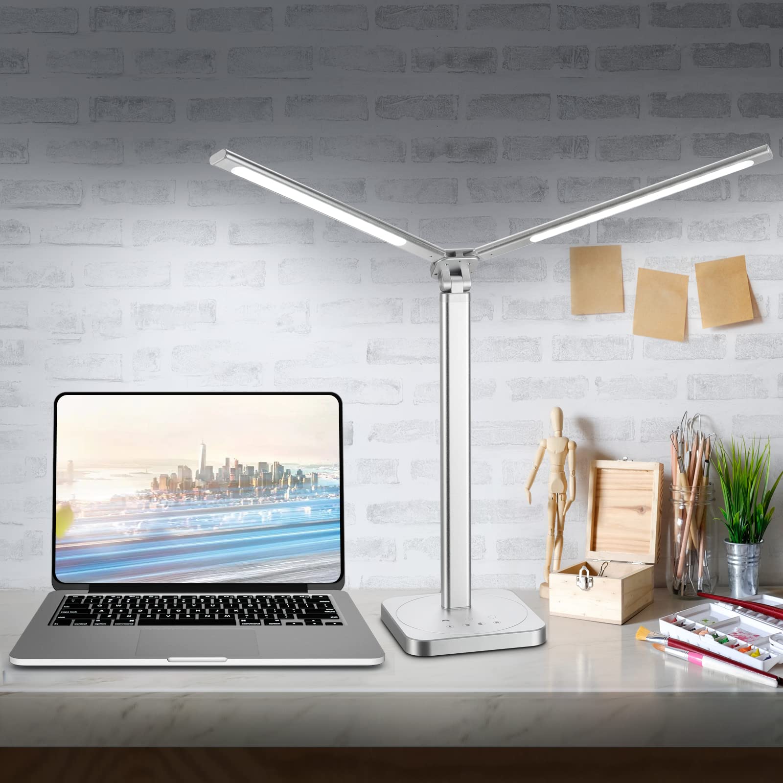 Mostorlit Double Head Led Desk Lamp, Eye Caring Double Swing Arm Table Lamps, USB Powered Reading Light, Lamp with 5 Steps Dimming and 5 Colors for Home, Office, Bedroom, Dormitory/Silver
