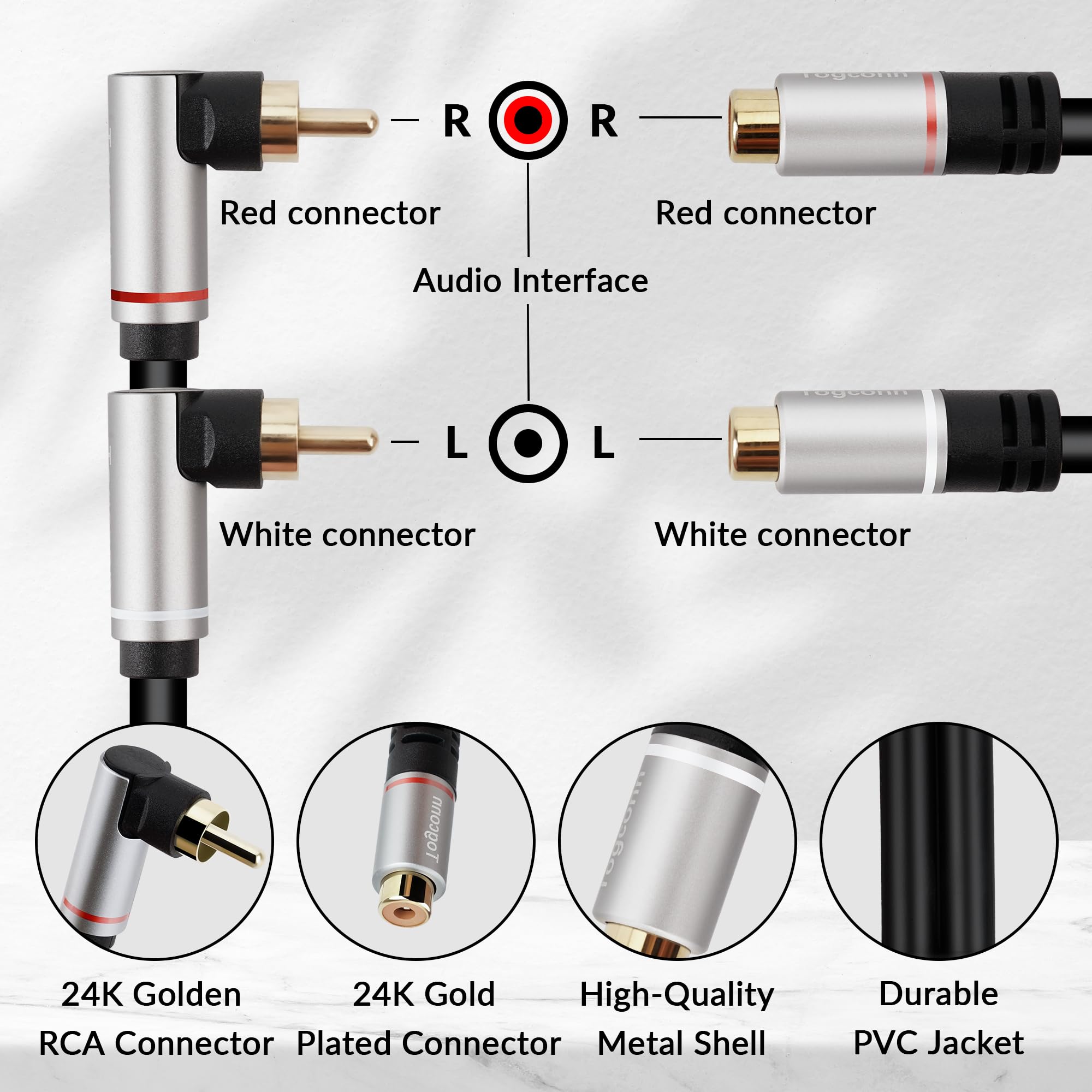 Przedłużacz RCA (2 sztuki), 2 RCA męski na 2 RCA żeński kabel audio stereo adapter 24-karatowym złotem wtyczka podwójny przedłużacz RCA (1 stopa)