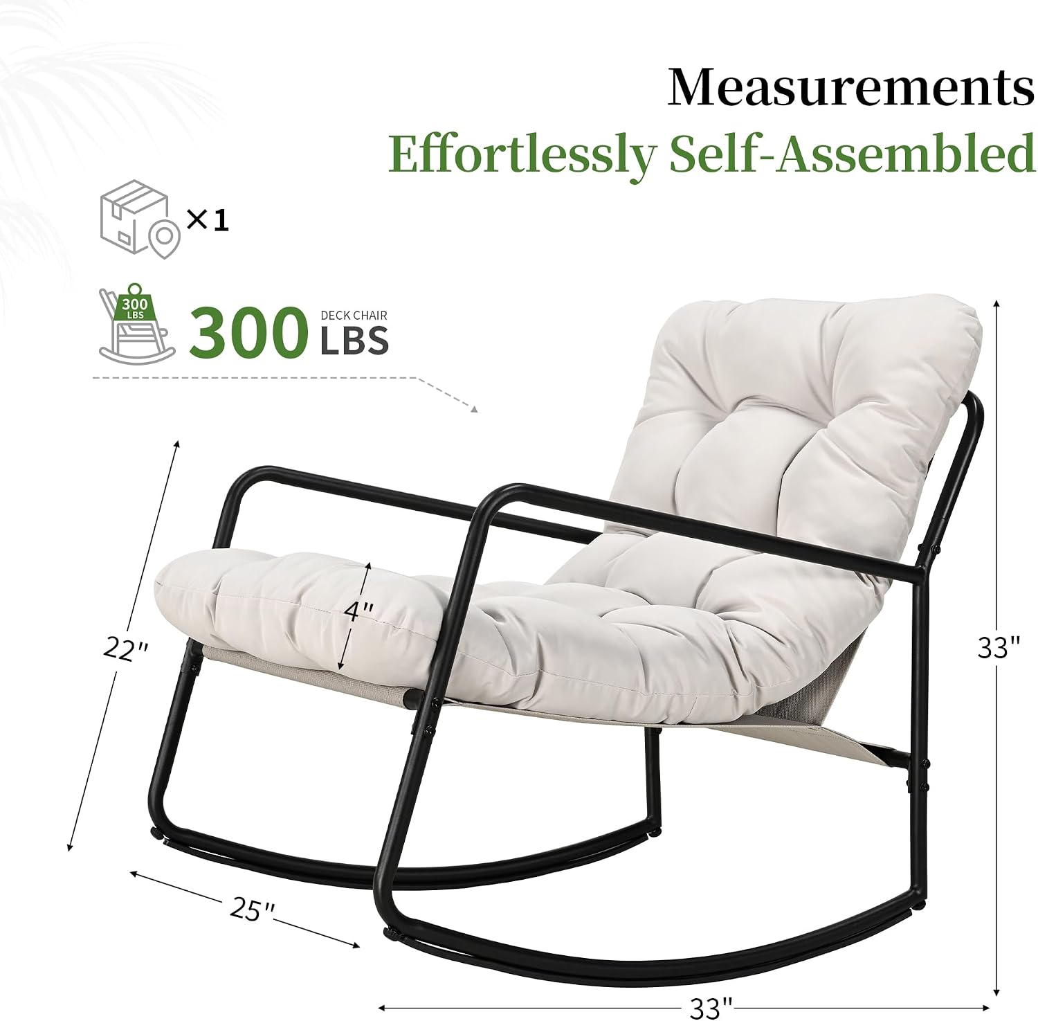 Outdoor Rocking Chair - Comfy Papasan Patio Lounge Chair with Thick Cushion, Sturdy Frame for Indoor Outdoor Use, Modern Accent Rocker Chair for Porch, Garden, Living Room (Beige)