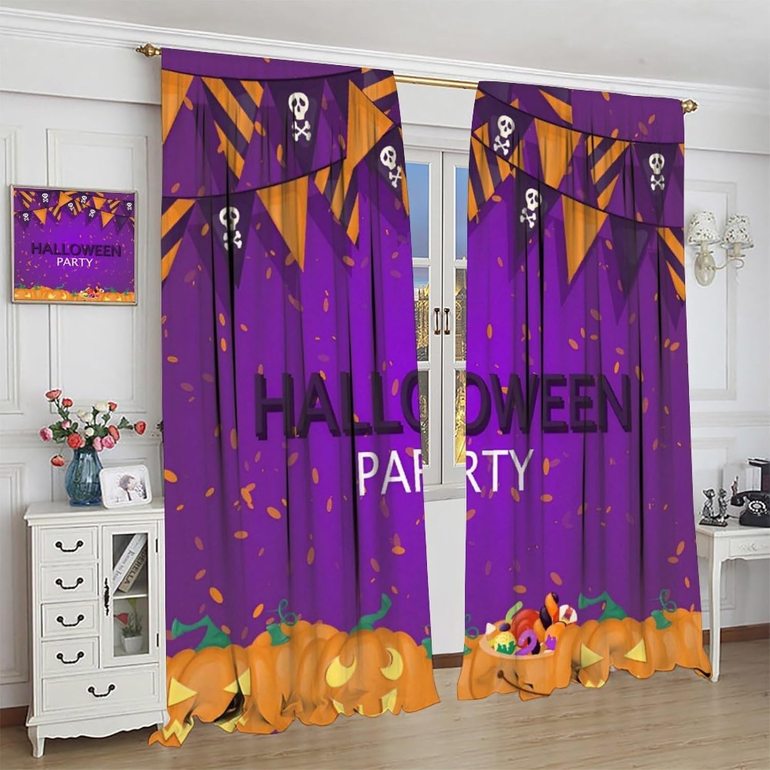 Halloween Party Blackout Curtains, Purple Background Spooky Pumpkin Skull Banners Window Drapes for Party Themed Decor Bedroom Living Room Kitchen Dining, 42" W X 45" L