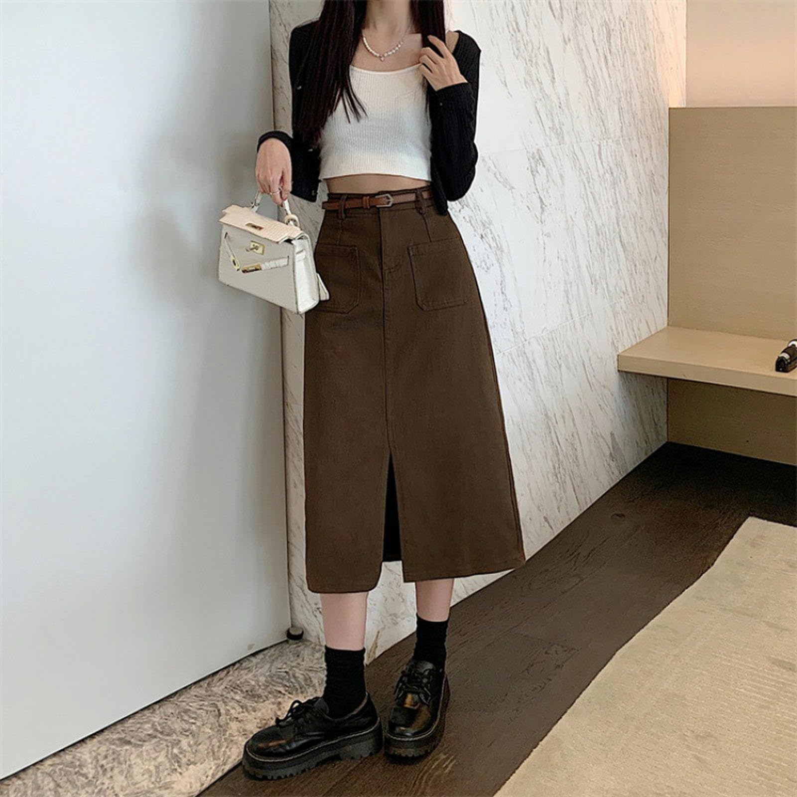Gonna Lunga Donna Gonna delle Donne A Vita Alta Elastica A-Linie Dimagrante Middle Slit Denim Gonna per Le Donne con Cintura Inclusa-Nero-m