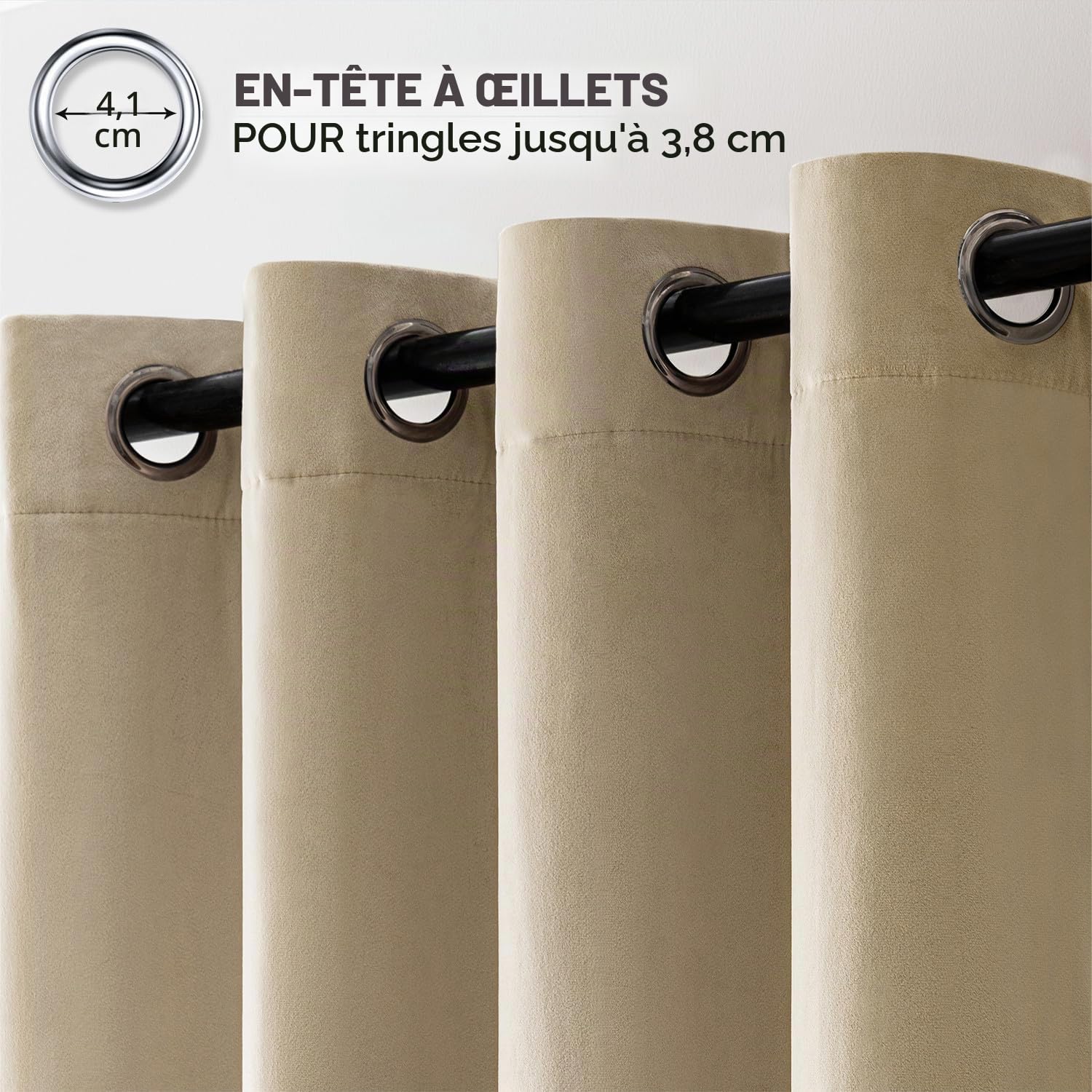 EMEMA Rideau Velours Beige Occultant Thermique à Oeillets 1x132x260cm | Double Couche Isolation Anti Froid Intimité Phonique Salon Chambre Cuisine Perforé Tissu Hivernal Épais Doux