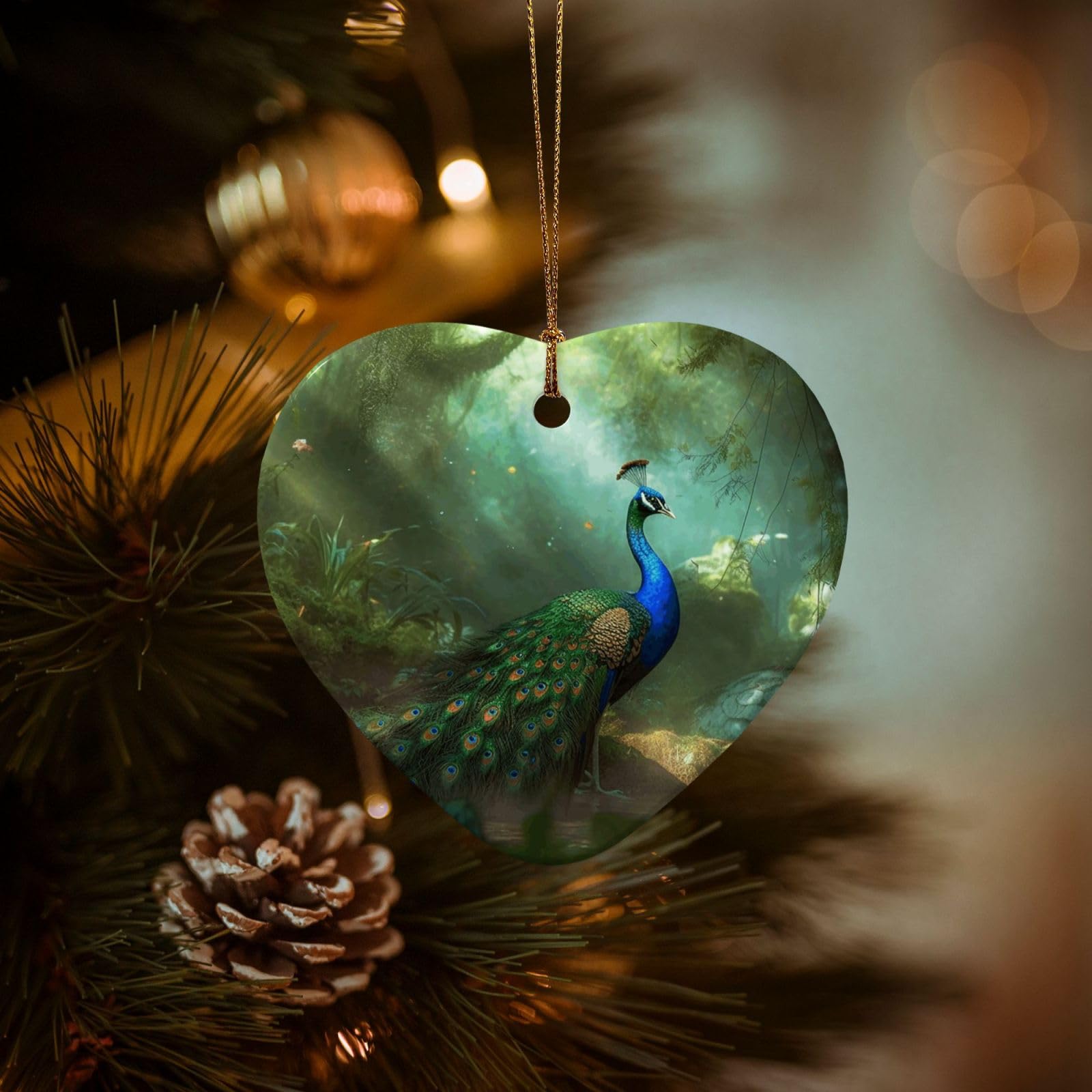 Christmas Tree Ornaments Ceramics Christmas Decorations Peacock Ornaments with Gold Ribbon Porcelain Xmas Tree Crafts Heart Shape Hanging Pendant for Christmas Tree Party Decor