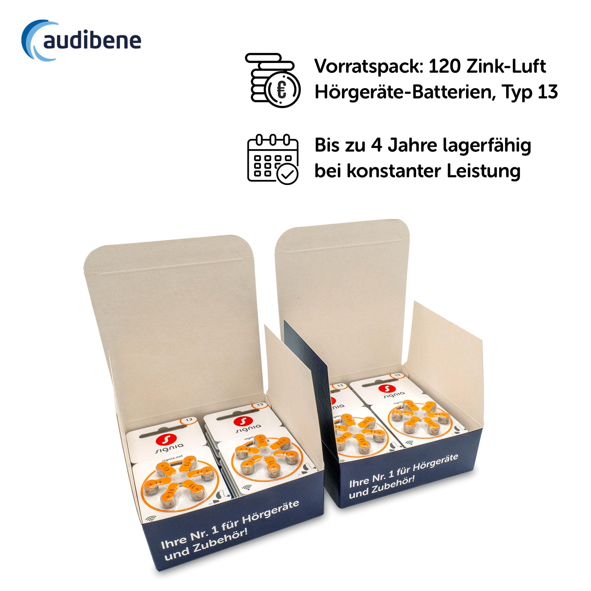 Siemens-Signia Lot de 120 piles pour appareils auditifs, type 13, orange, fabriquées en Allemagne, avec chiffon de nettoyage, sans fil, sans mercure