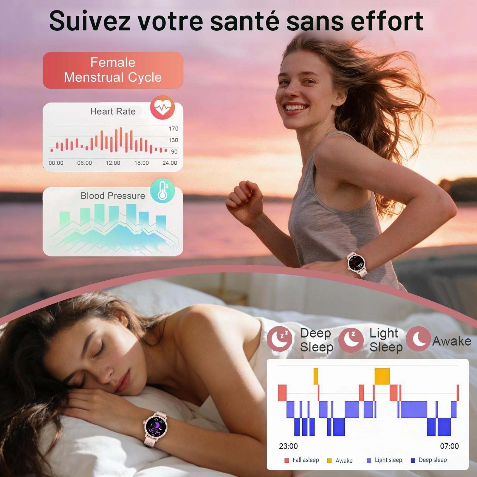 Montre Connectée Femme avec Diamant,3 Bracelets,1,27" HD appels Bluetooth Smartwatch,Fréquence Cardiaqu/Sommeil/SpO2/Féminine/Calories,IP68,120+ Sportif Podomètre Tracker pour Android/iOS,Or rose
