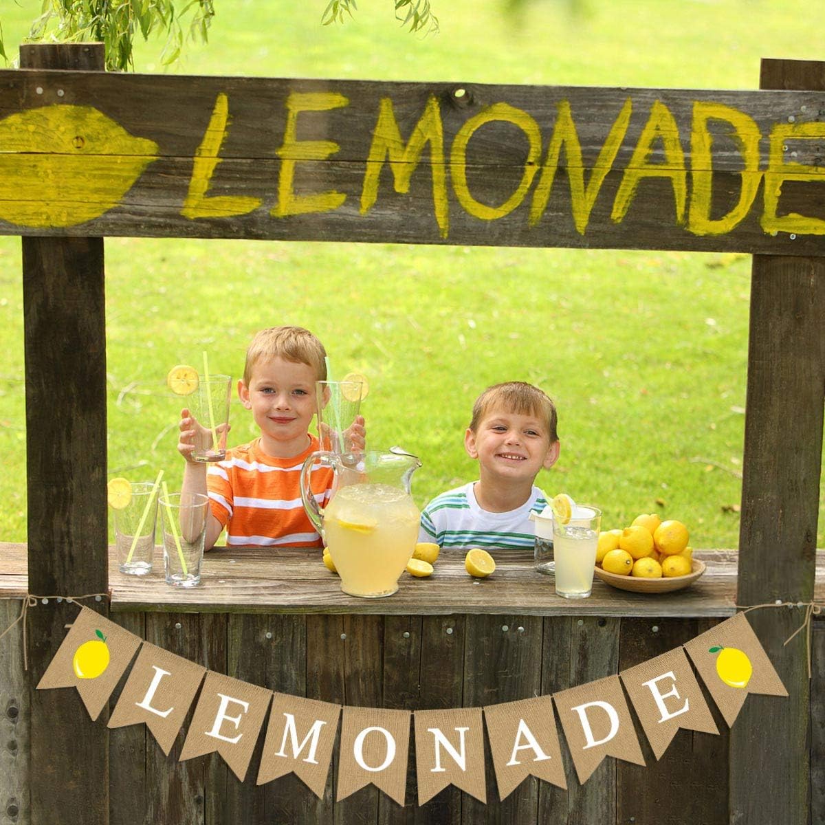 Rainlemon Jute Burlap Lemonade Banner Rustic Summer Lemon Stand Party Mantel Fireplace Decoration