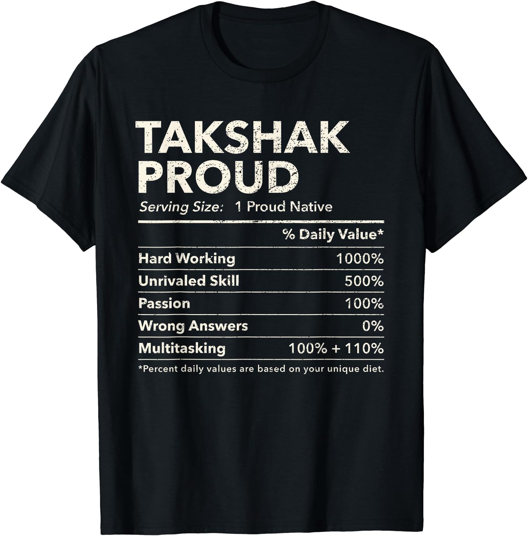 Takshak, Alaska Proud Nutrition Facts T-Shirt